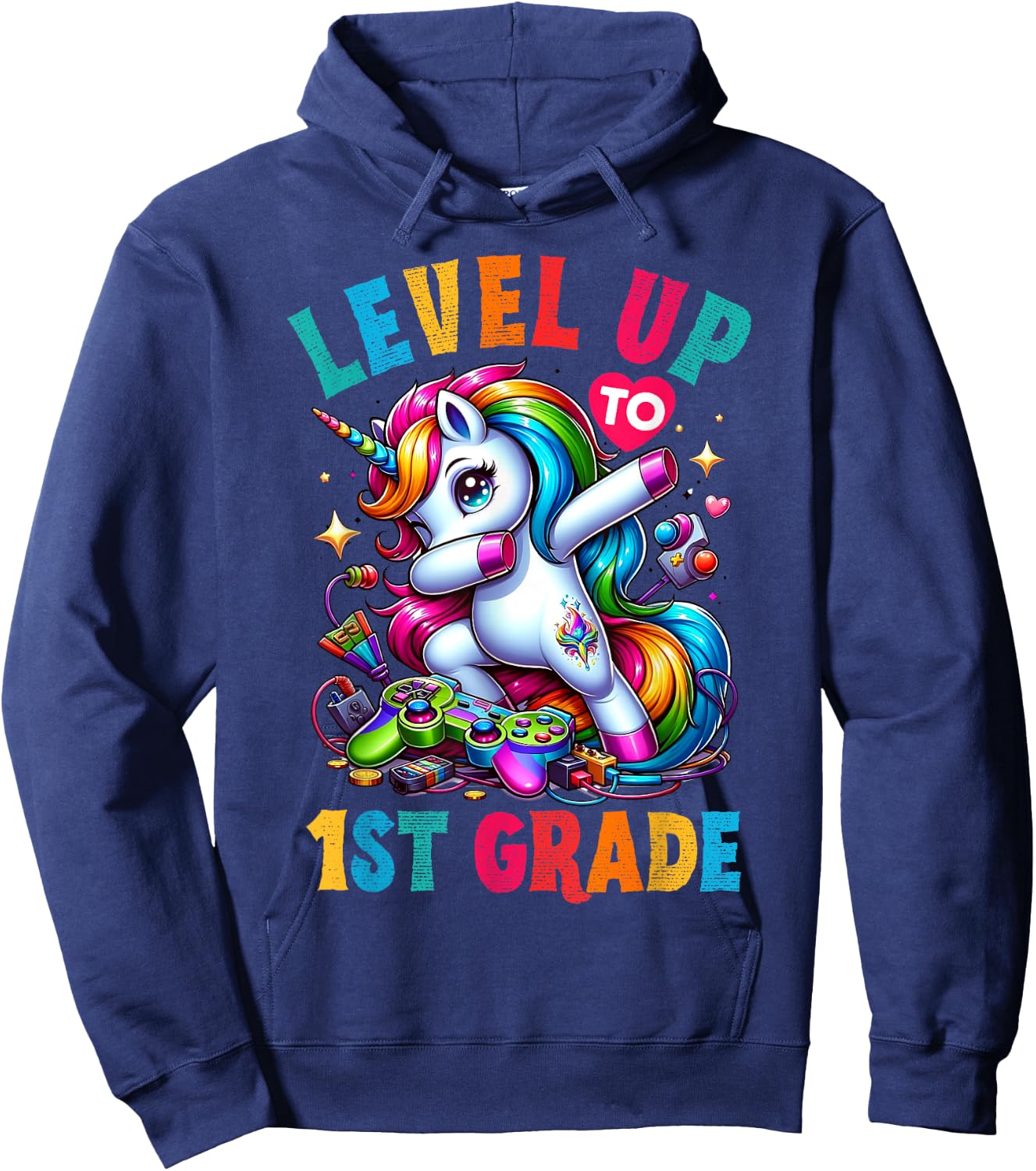 Unicorn video games back to School 1st grade Girls Level up Hoodie - Hoodie | Navy