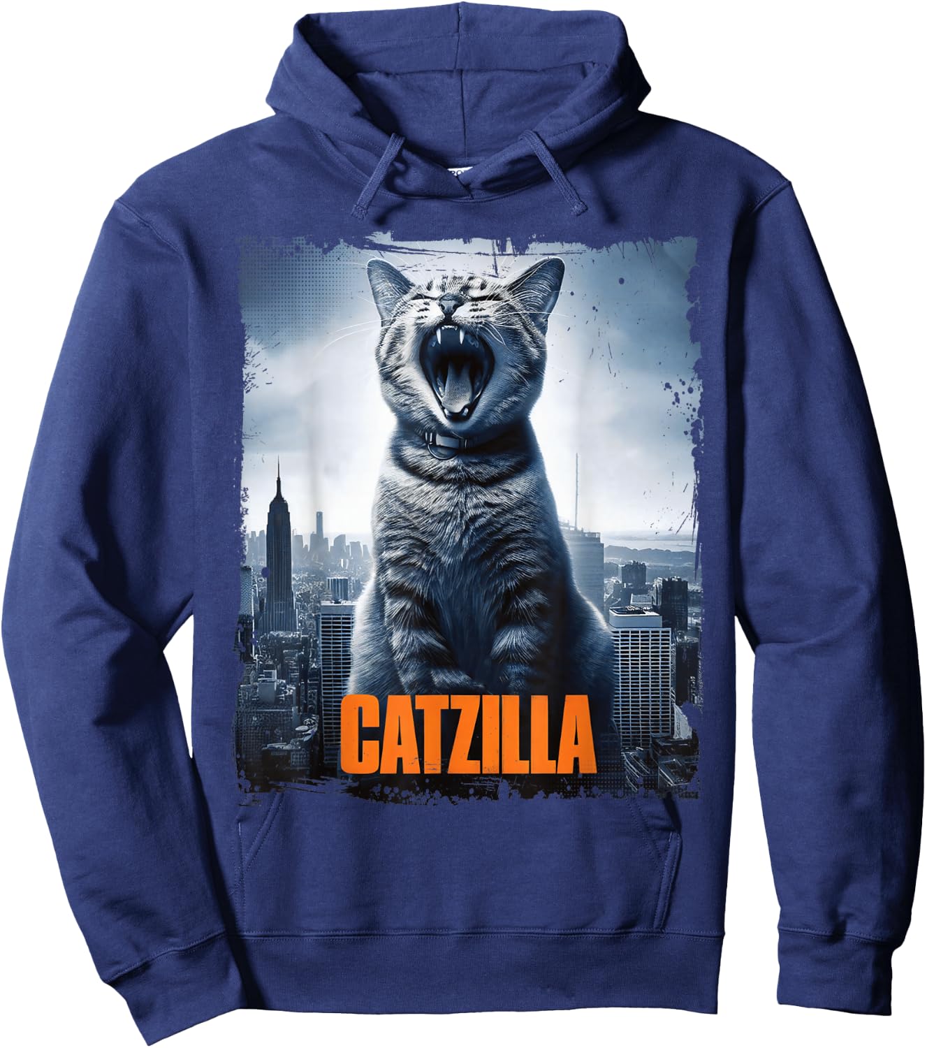 Catzilla Roaring Over City Skyline Cat Monster Kitten Kitty , Small, Black Hoodie - Hoodie | Navy