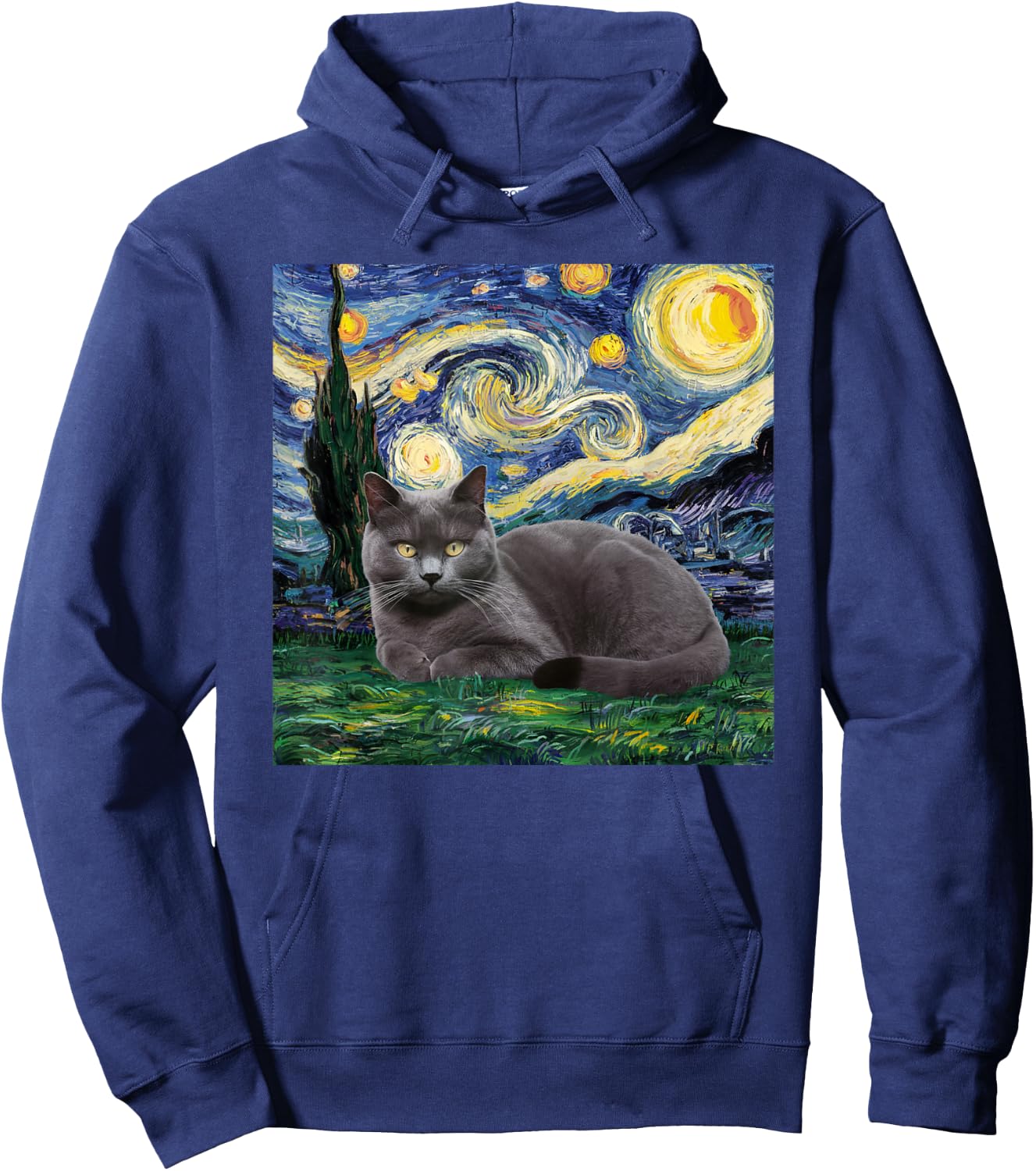 Gray Cat Van Gogh Starry Night Women Kids Hoodie - Hoodie | Navy