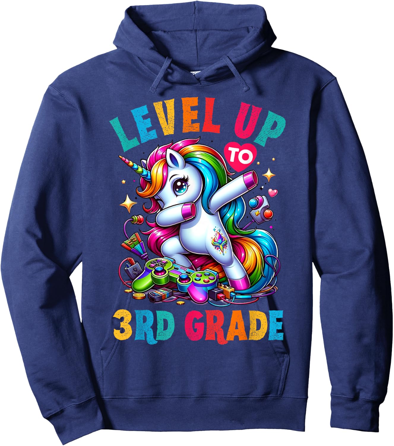 Unicorn video games back to School 3rd grade Girls Level up Hoodie - Hoodie | Navy