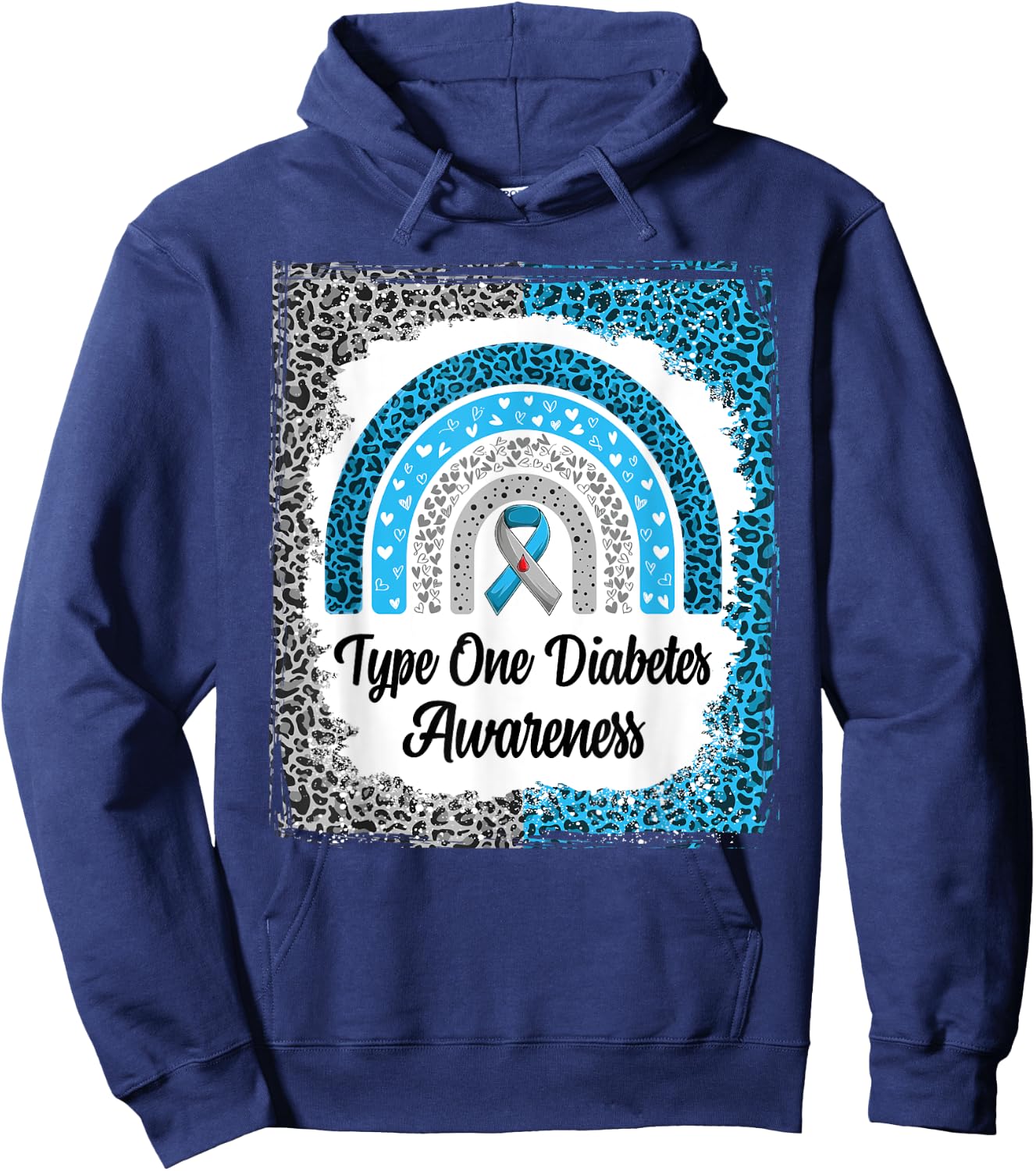 Type 1 Diabetes Awareness Bleached Rainbow leopard Ribbon Hoodie - Hoodie | Navy