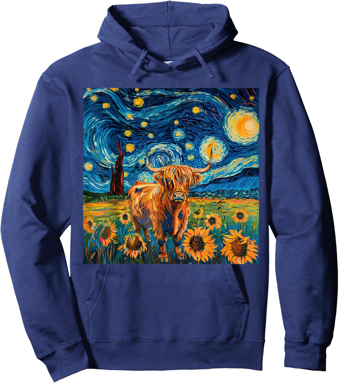 Aesthetic Scottish Highland Cow With Sunflowers Starry Night Hoodie - Hoodie | Navy