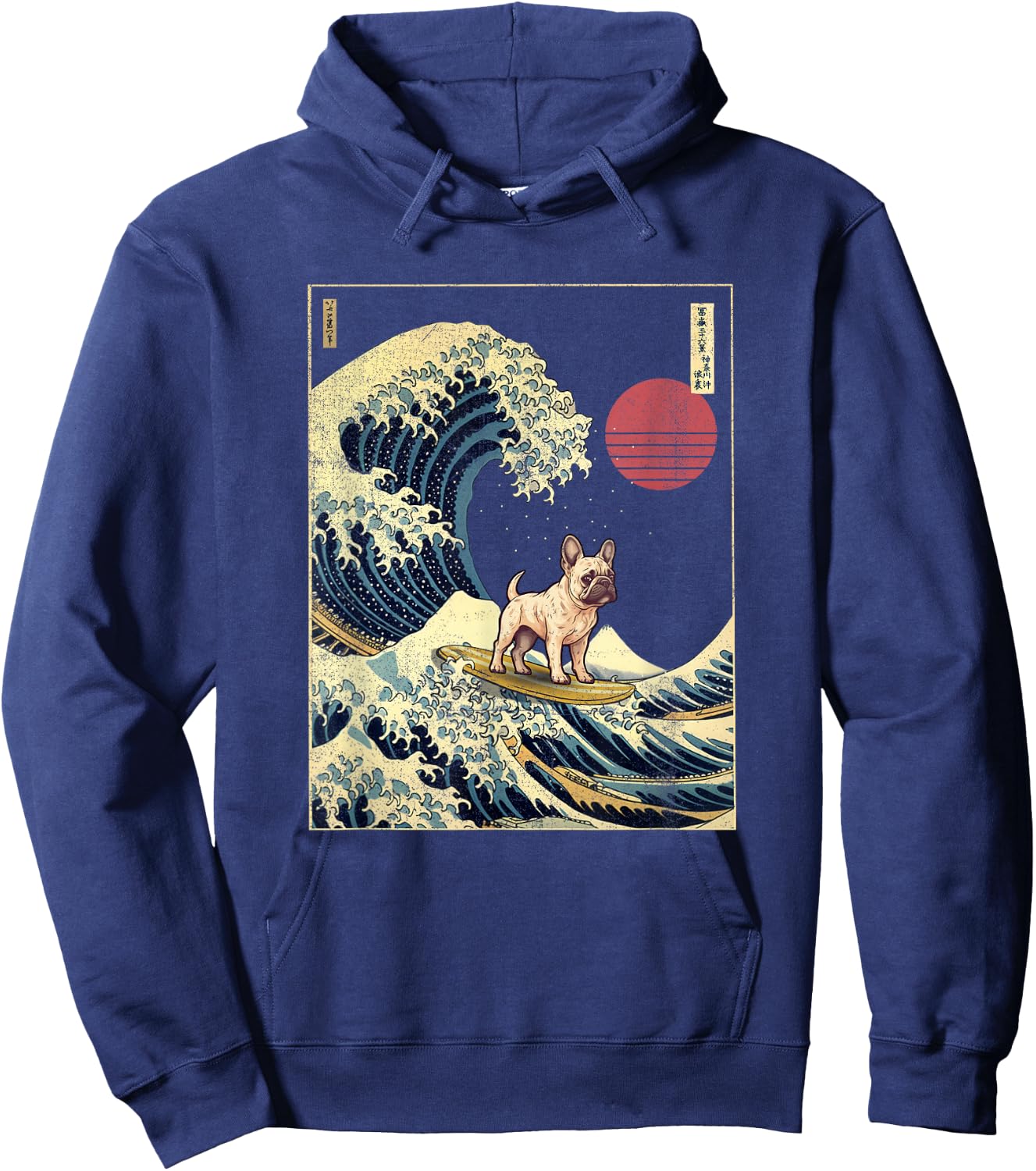 French Bulldog Japanese Kanagawa Wave Funny Surf Dog Hoodie - Hoodie | Navy