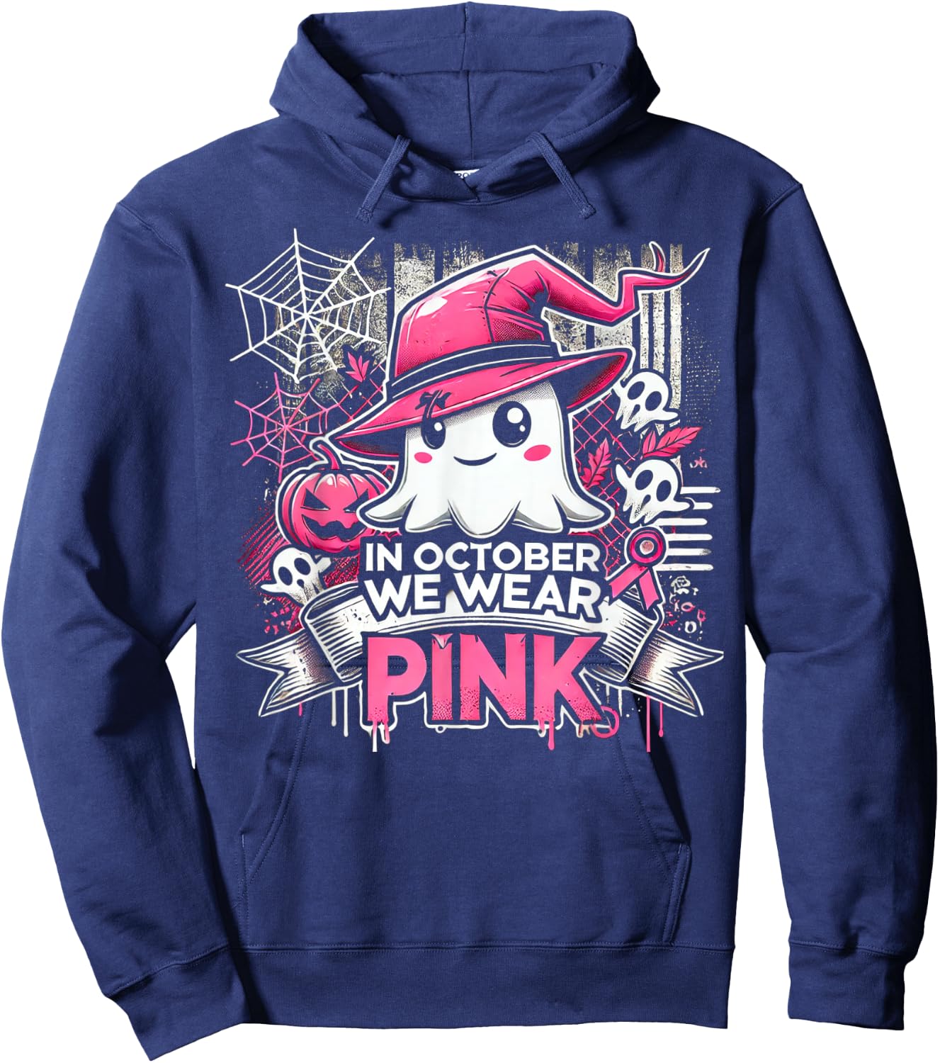 October We Wear Pink Ghost Witch Halloween Hoodie - Hoodie | Navy
