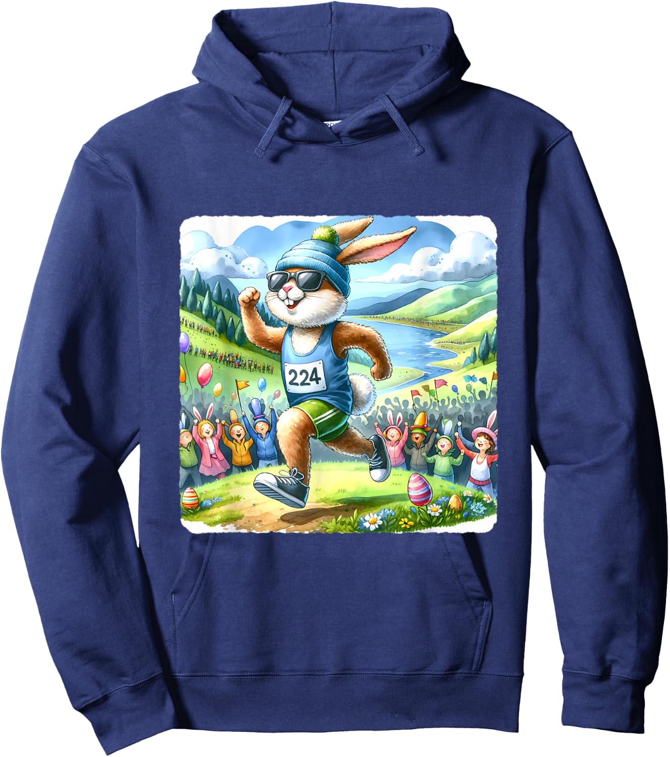 Rabbit Running Marathon With Scenic Landscape. Easter Racing Hoodie - Hoodie | Navy