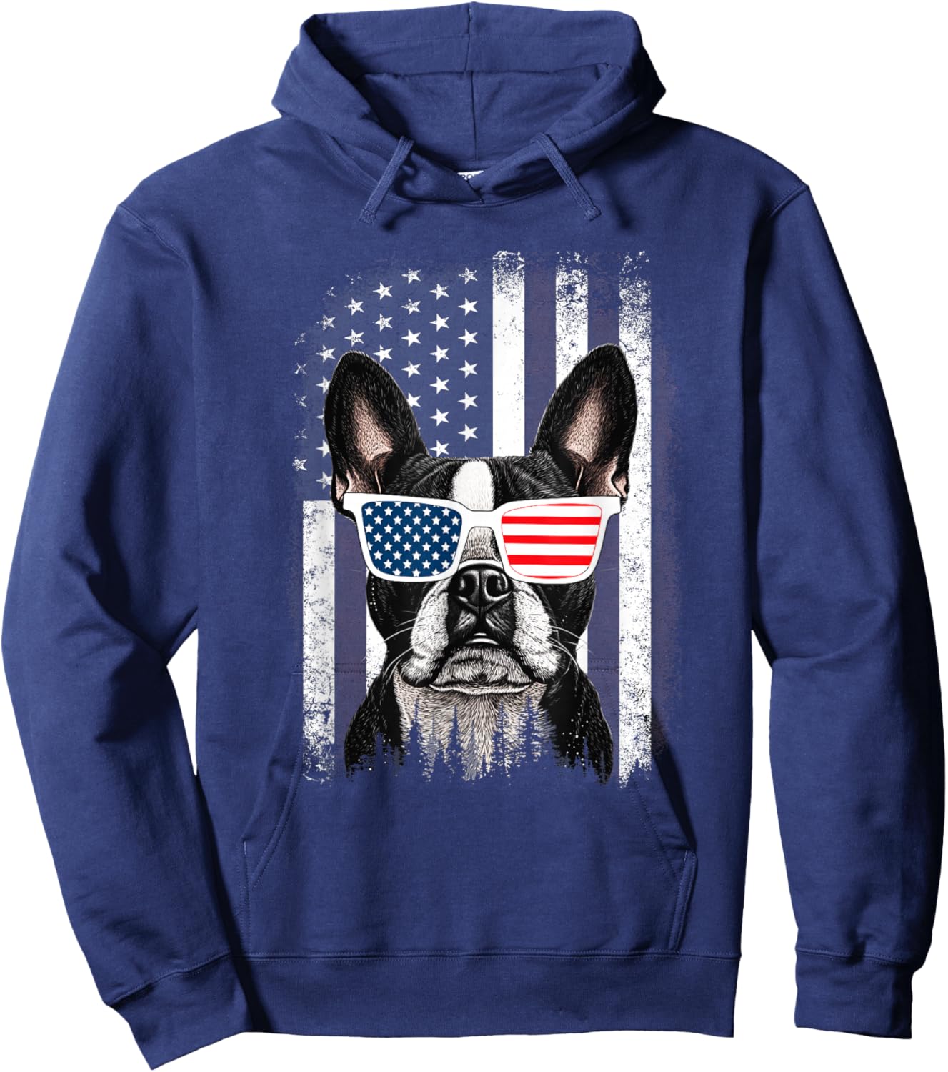Boston Terrier Dog American Flag 4th of July Sunglasses Hoodie - Hoodie | Navy