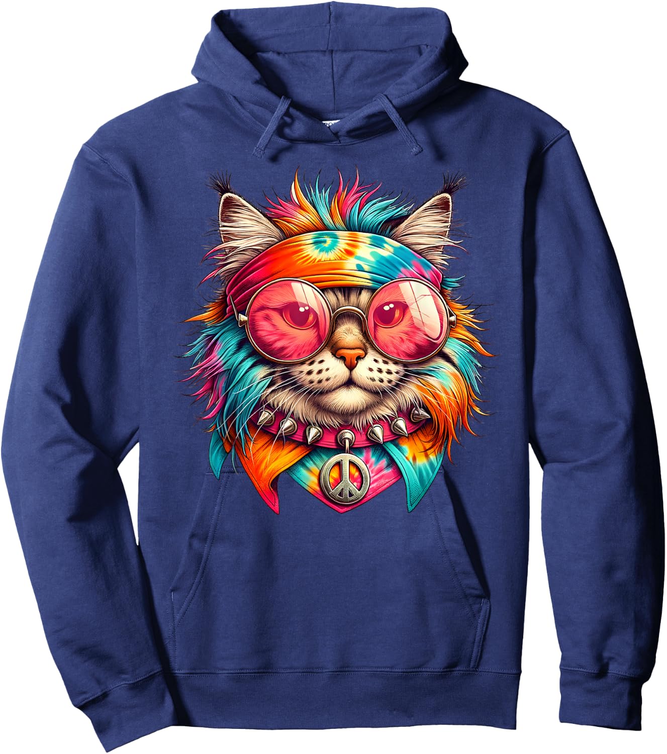 Psychedelic Peace Cat Colorful Hippie Retro Groovy Vibes Hoodie - Hoodie | Navy
