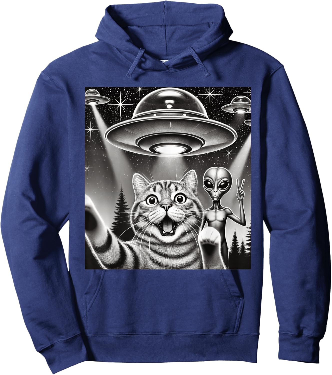 Funny Cat Selfie with UFO Alien Abduction Extraterrestrial Hoodie - Hoodie | Navy