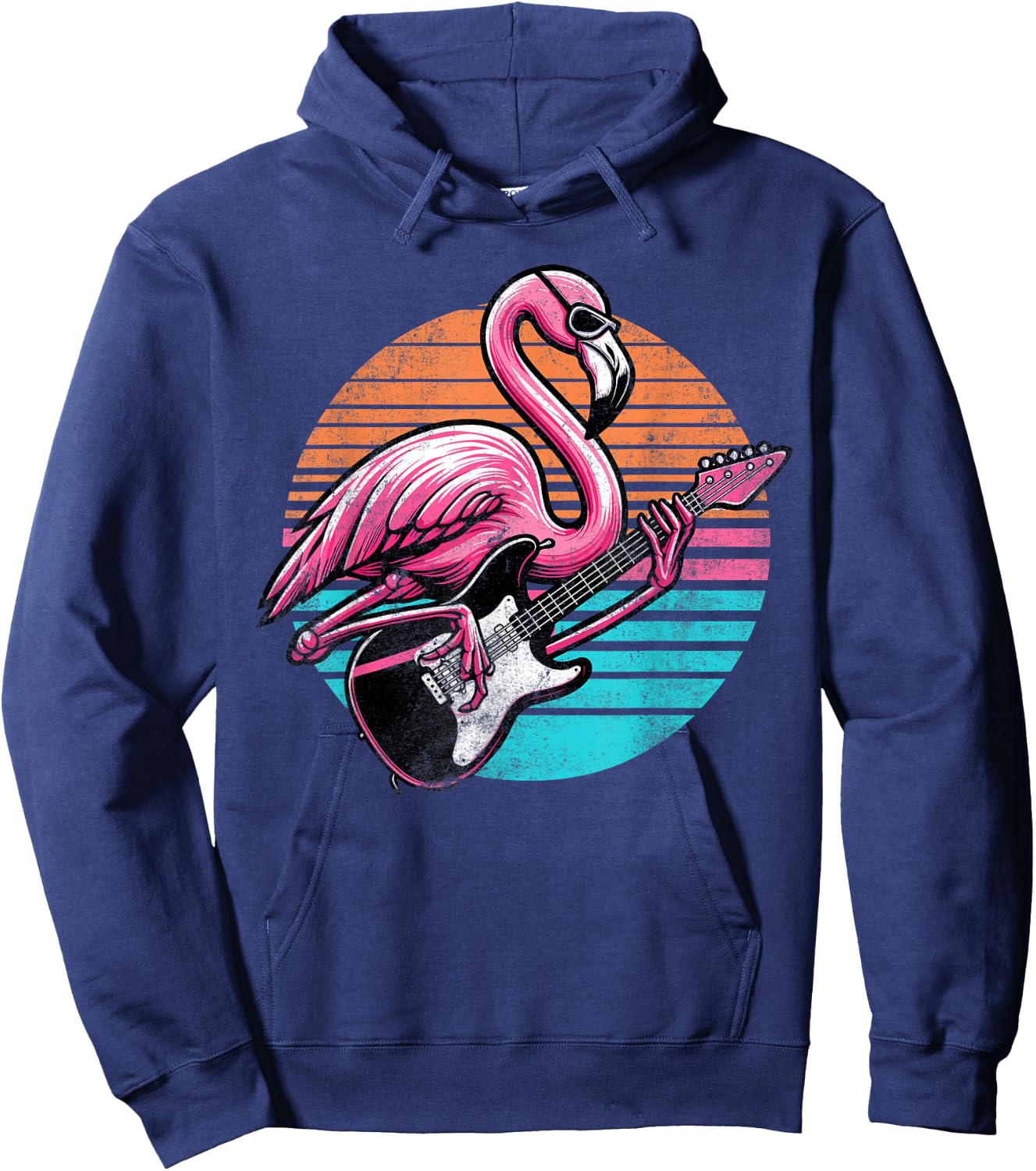 Vintage Style Flamingo Playing Guitar Rock And Roll Retro Hoodie - Hoodie | Navy
