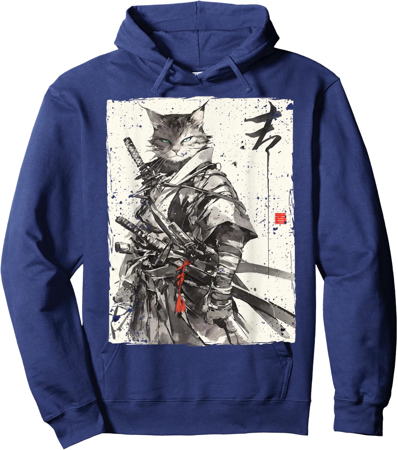 Samurai Cat Warrior Ukiyo Ink Artwork Cat Samurai Hoodie - Hoodie | Navy