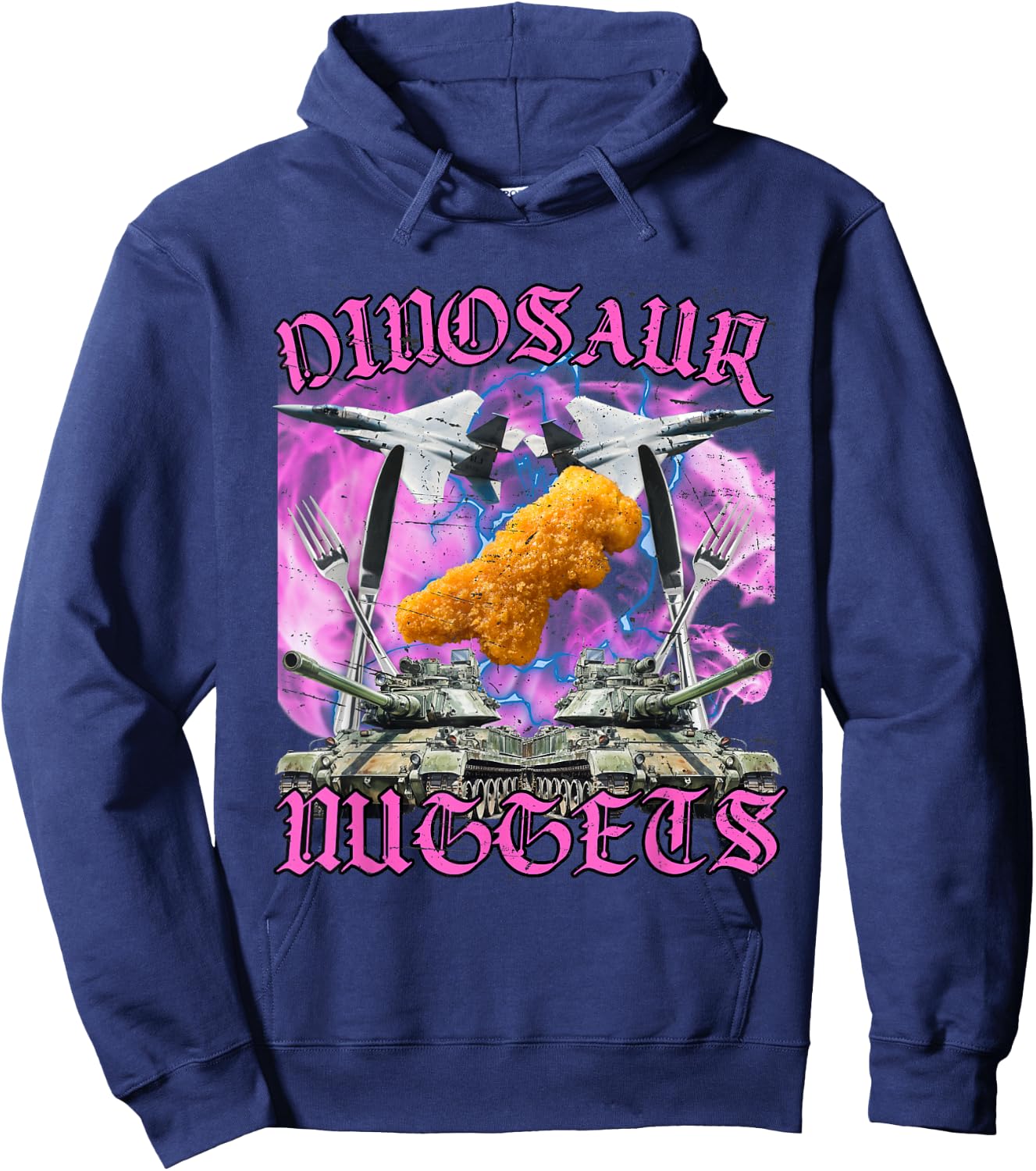 Funny Dinosaur Chicken Nugget Bootleg Hardcore Flames Meme Hoodie - Hoodie | Navy