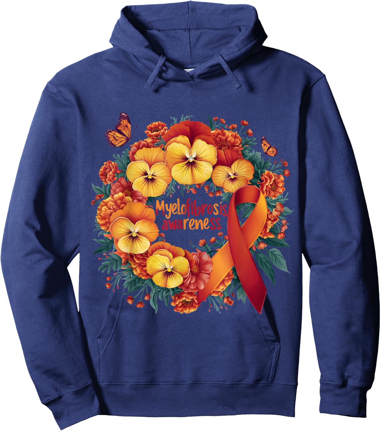 Myelofibrosis Awareness orange and red floral and ribbon Hoodie - Hoodie | Navy