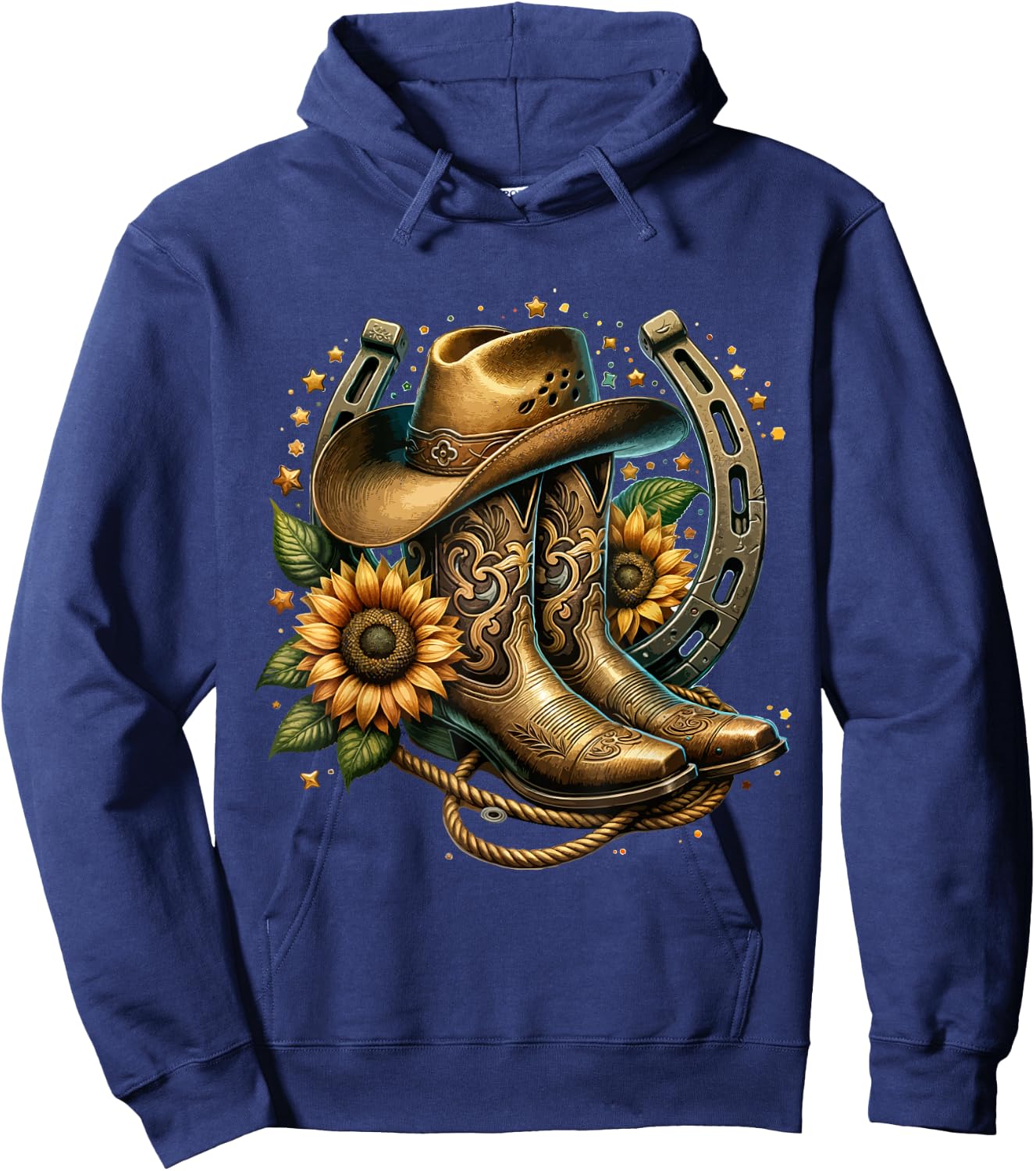 Vintage Rustic Western Country Cowboy Boot Art - Women's Western Themed Floral Boot, Rope & Hat - Black, Small Hoodie - Hoodie | Navy