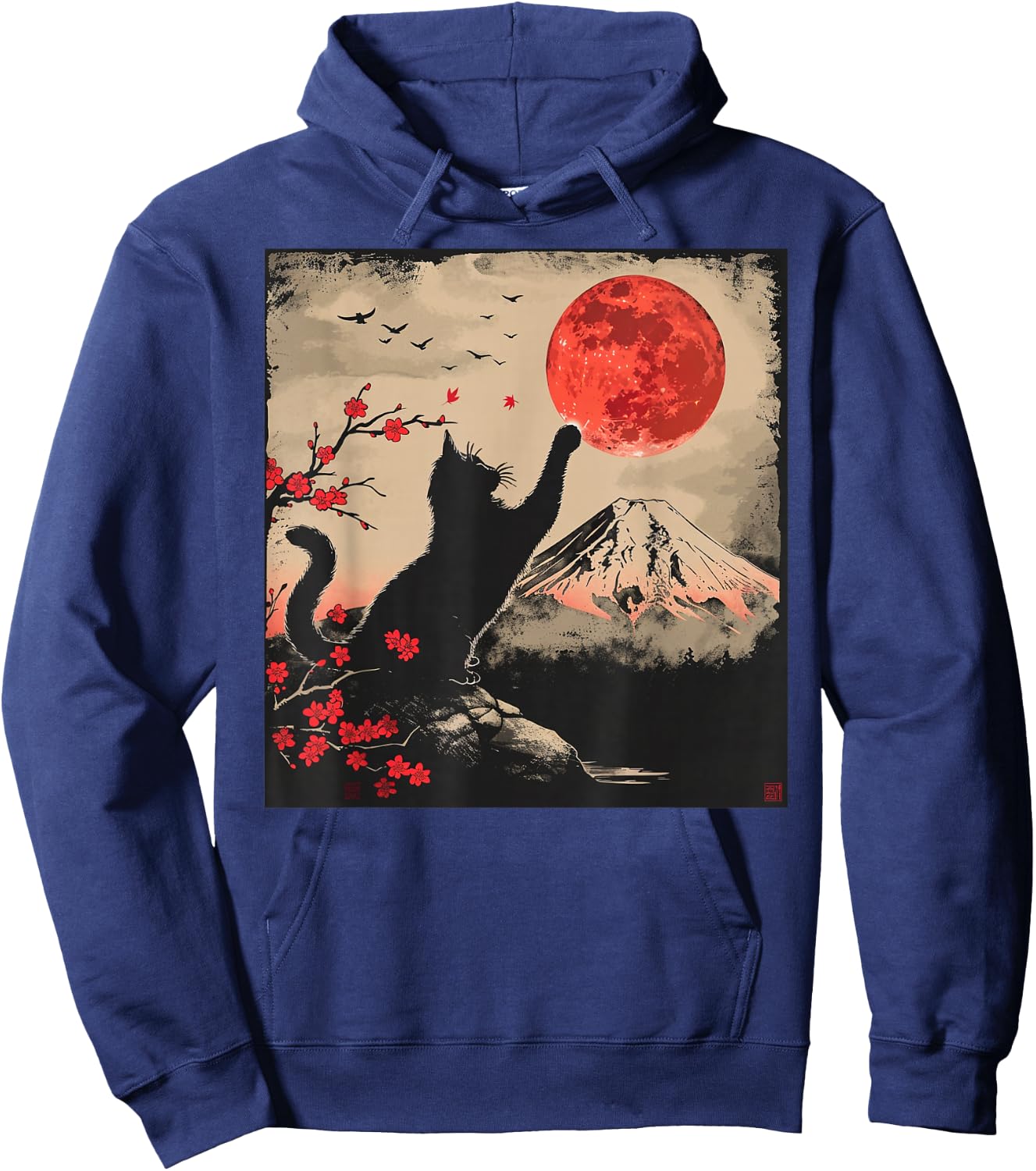 Vintage Japan Art Japanese Theme Retro Print Black Cat Hoodie - Hoodie | Navy