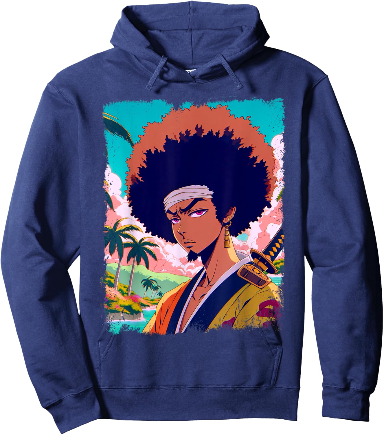 Afro-American Samurai Anime Manga Fighter Japanese Graphic Hoodie - Hoodie | Navy