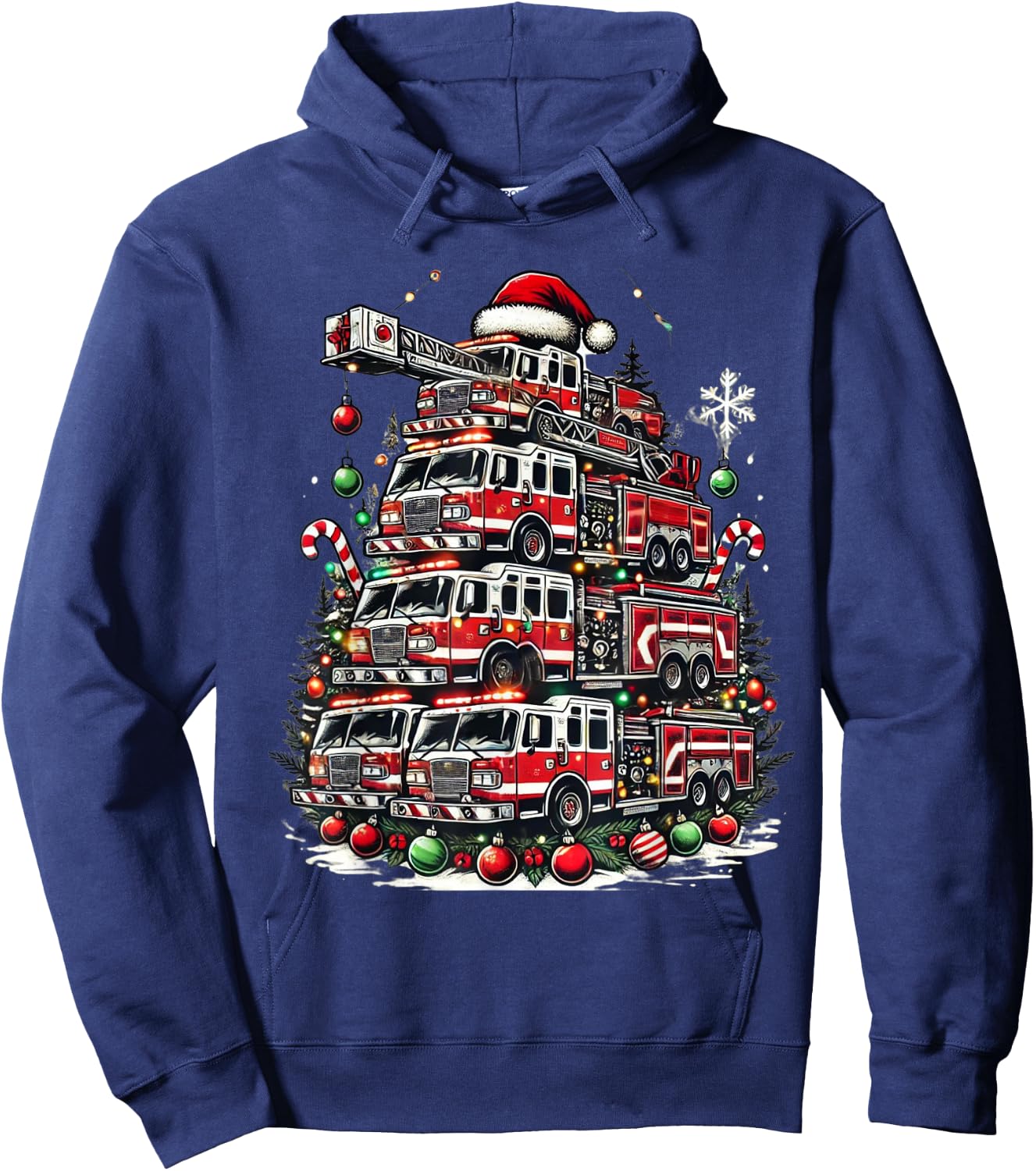 Firefighter Fire Truck Christmas Tree Lights Santa Fireman Hoodie - Hoodie | Navy