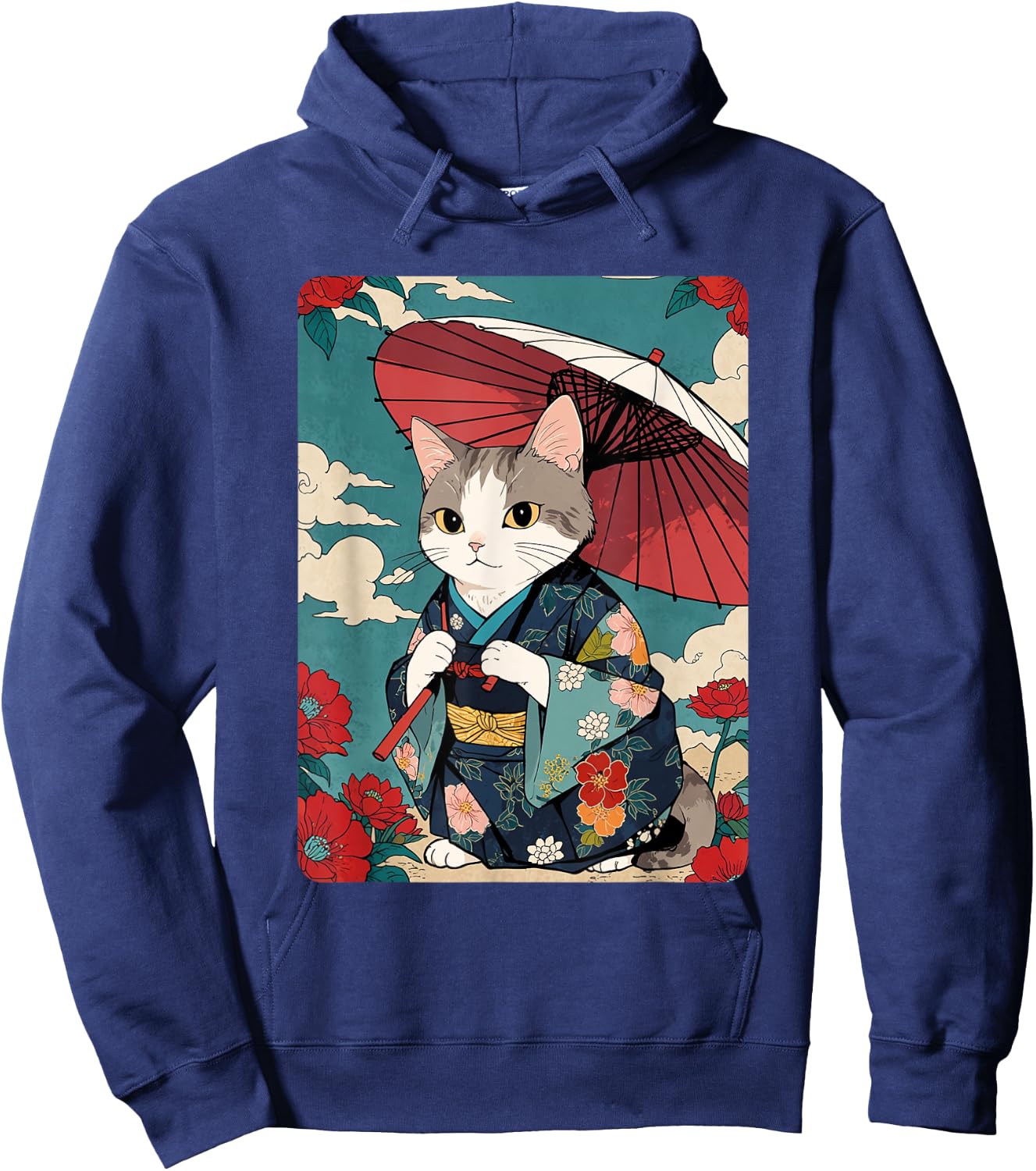 Cute Geisha Cat Japanese Cat Retro Neko Vintage Art Ukiyo-e Men Women Girls Kids Hoodie - Hoodie | Navy