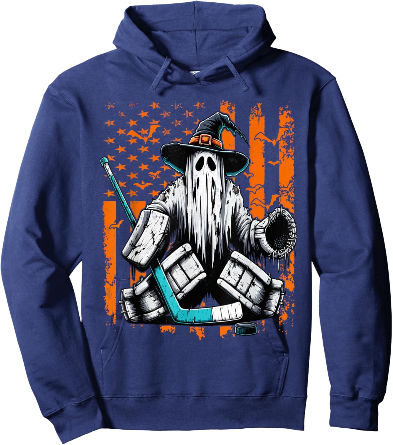 Hockey Goalie Ghost Halloween American Flag Ice Hockey Hoodie - Hoodie | Navy