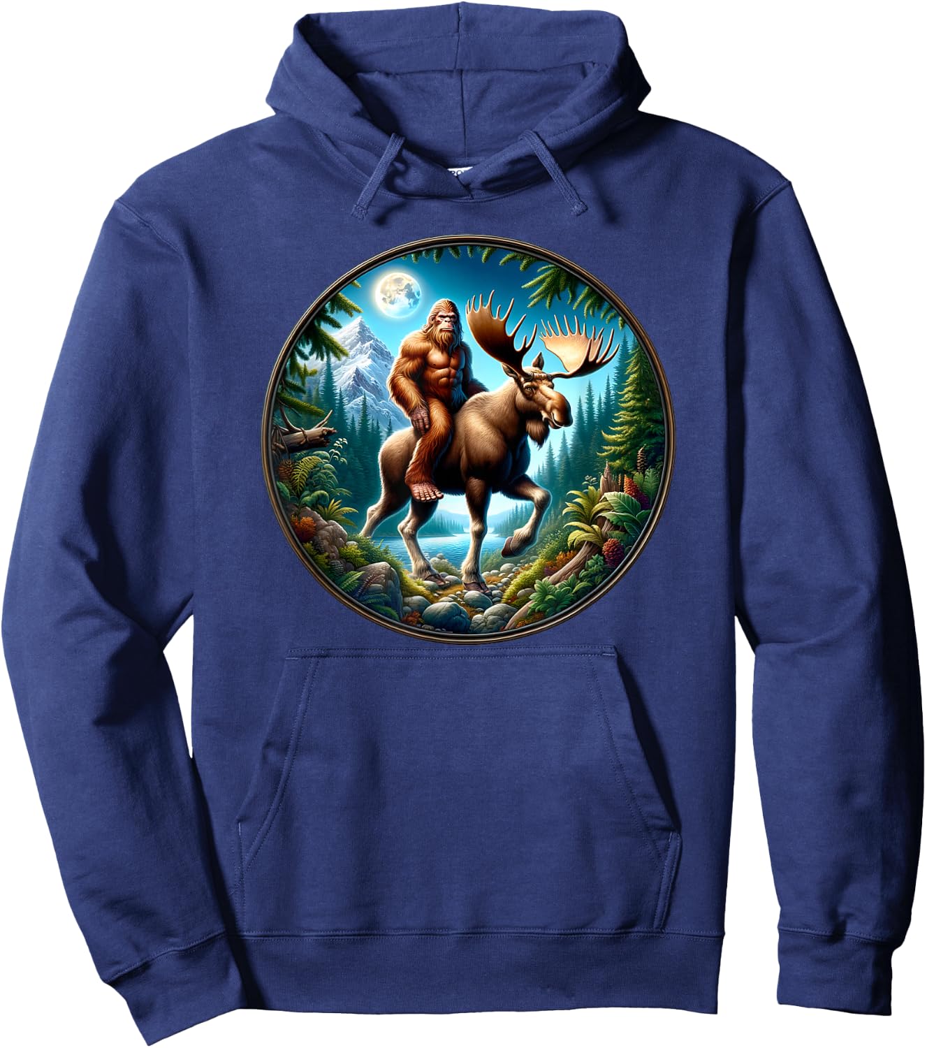 Bigfoot Riding a Moose, Sasquatch Cryptid Wilderness Hoodie - Hoodie | Navy