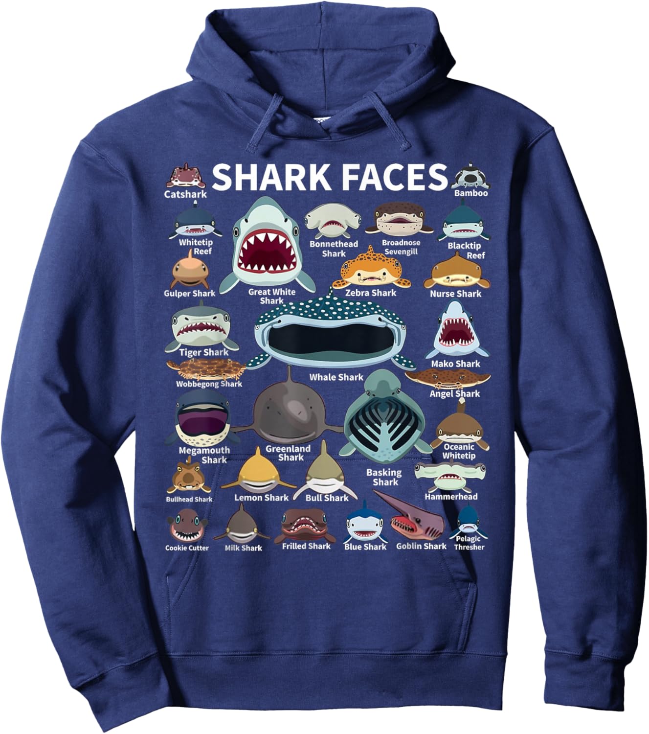 Shark Faces - Type of Shark - Shark Faces of All Kinds Hoodie - Hoodie | Navy