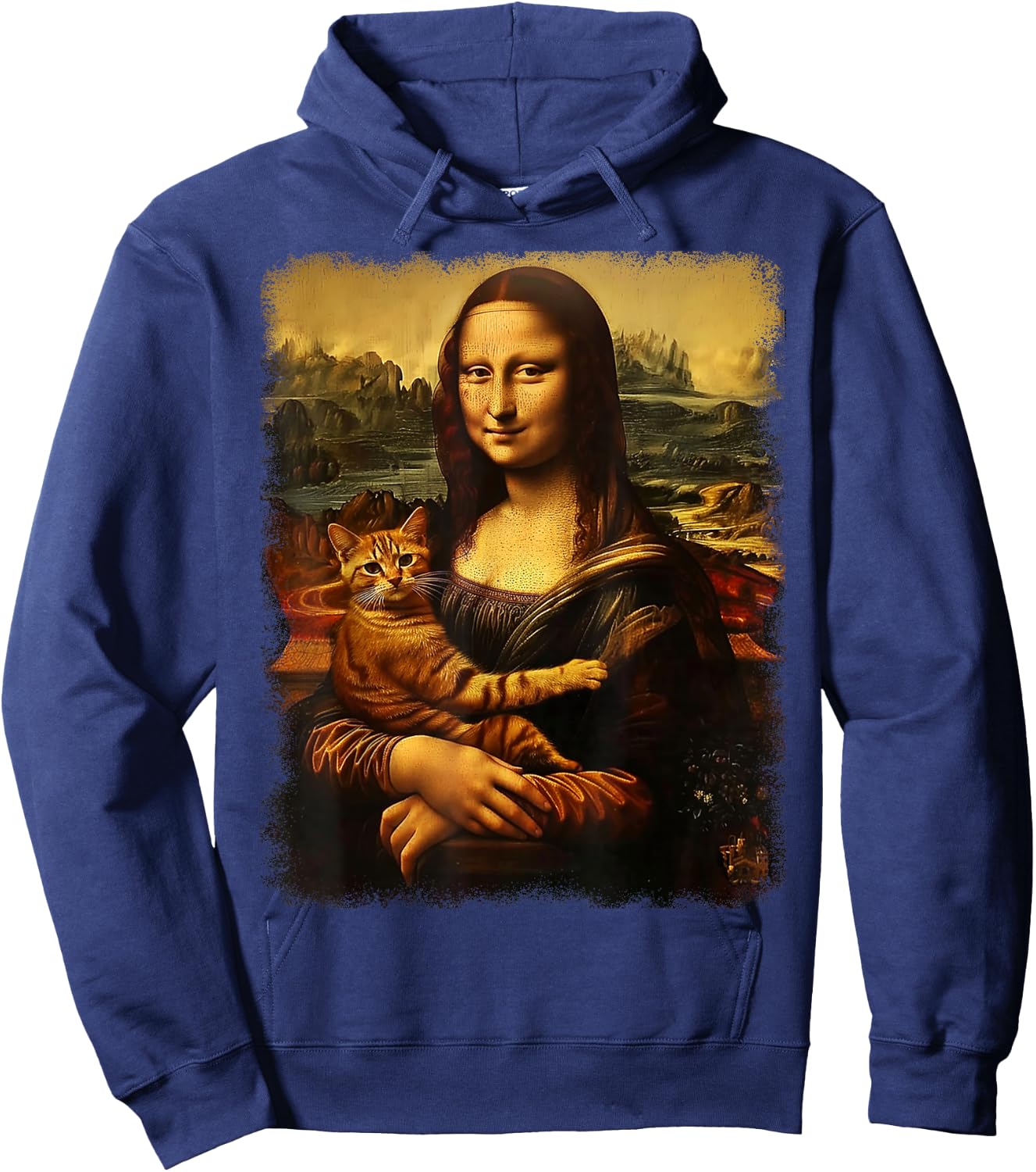 Mona Lisa With Cat Cat Print Black Small -Kids -Adults Short Sleeve Hoodie - Hoodie | Navy