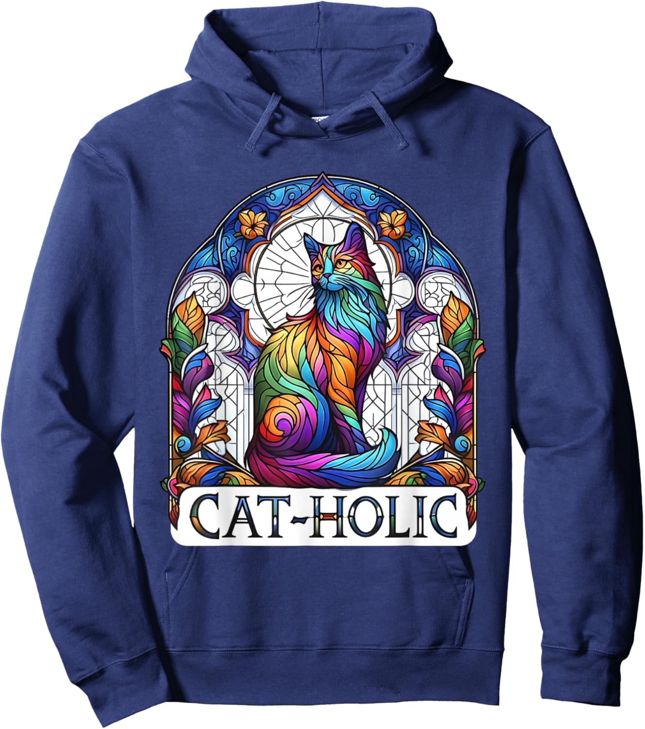 Cat-holic. Funny Catholic. Stained Glass Cat. Hoodie - Hoodie | Navy