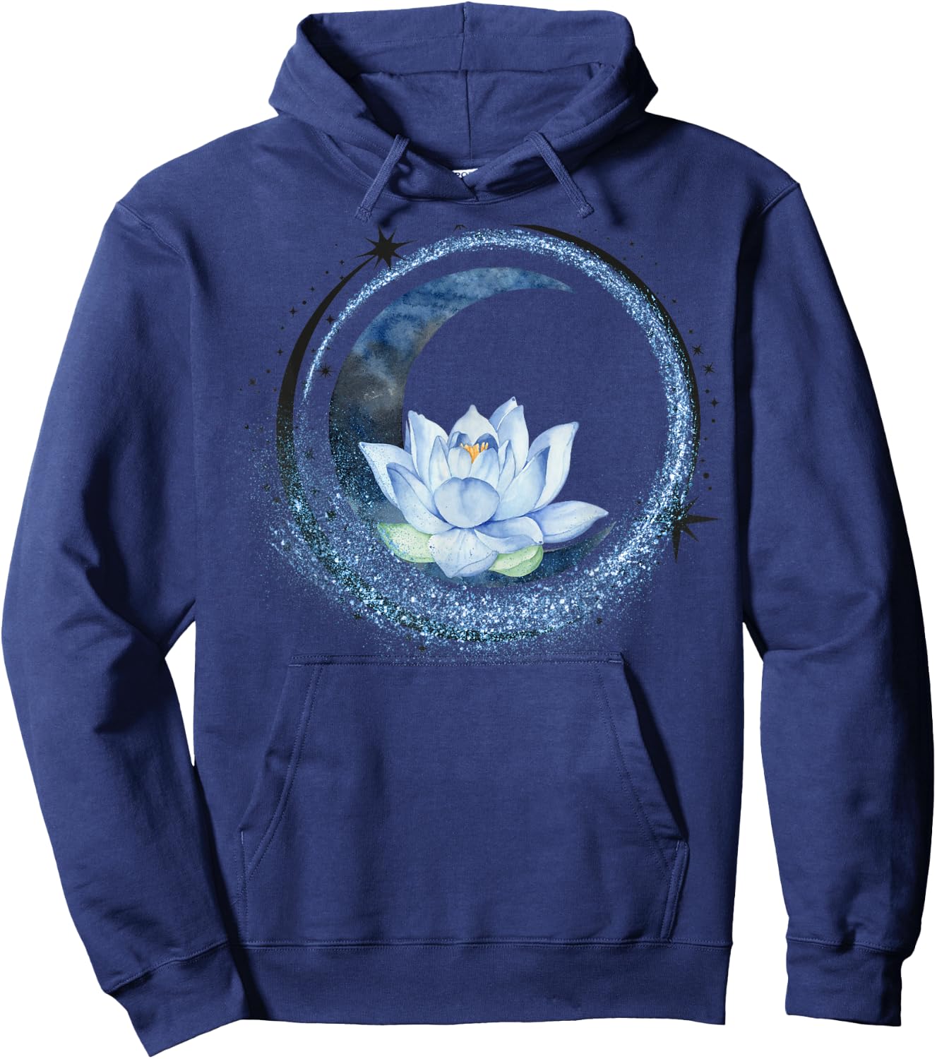 Crescent Moon and Circle of Stars with Lotus Flower Graphic Hoodie - Hoodie | Navy