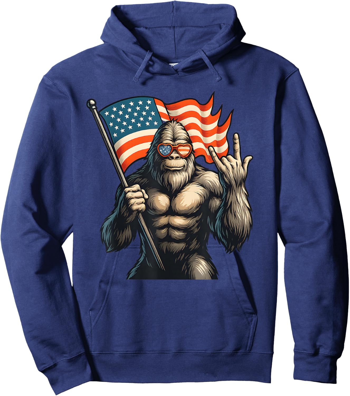 Patriotic Bigfoot Holding USA Flag Rock Hand Sunglasses Hoodie - Hoodie | Navy