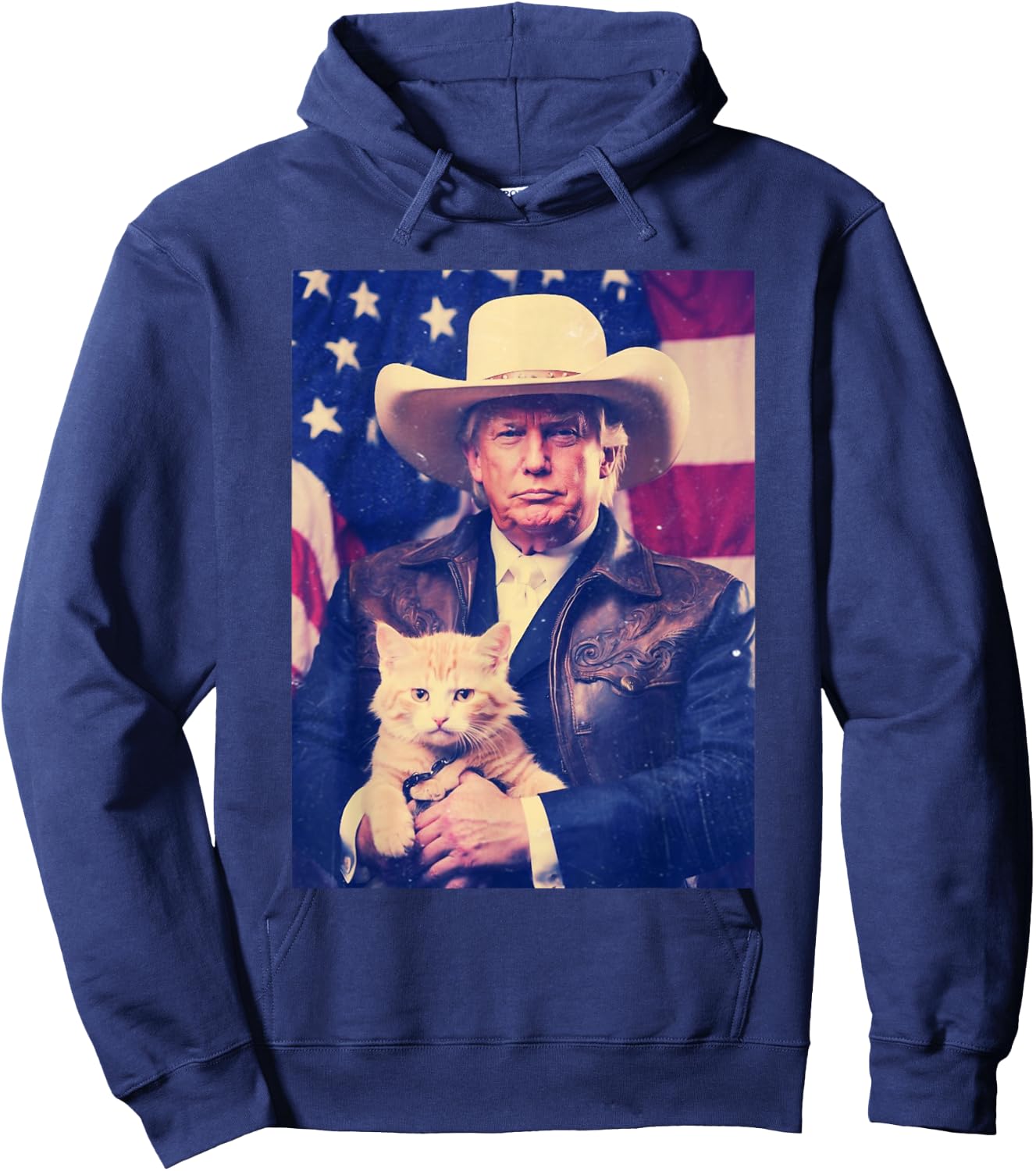 Trump Cat Shirt Funny Cowboy Donald Trump 2024 American Flag Hoodie - Hoodie | Navy