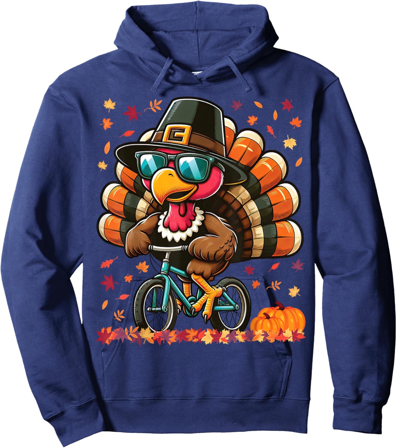 Funny Thanksgiving Turkey with Pilgrim Hat Riding Bicycle Hoodie - Hoodie | Navy