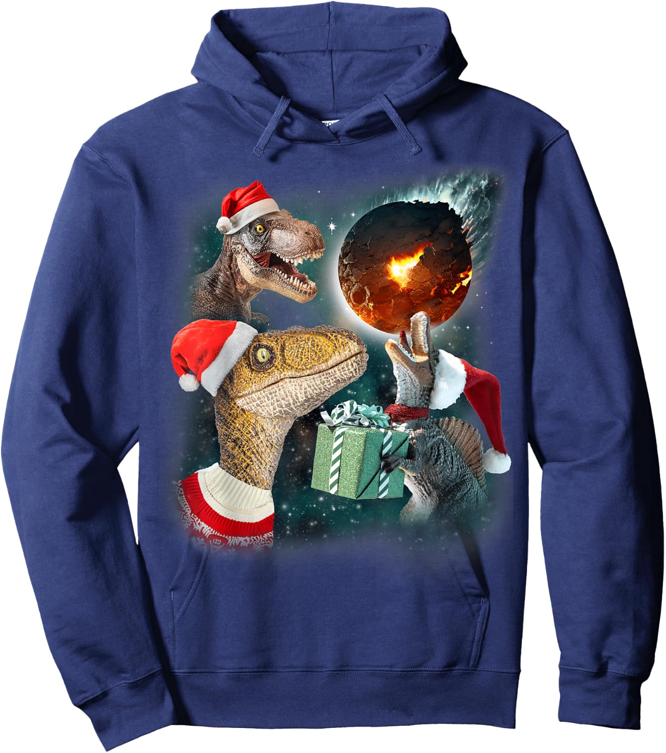 Three Rex Moon | 3 Dinos Howling Weird Cursed Christmas Meme Hoodie - Hoodie | Navy