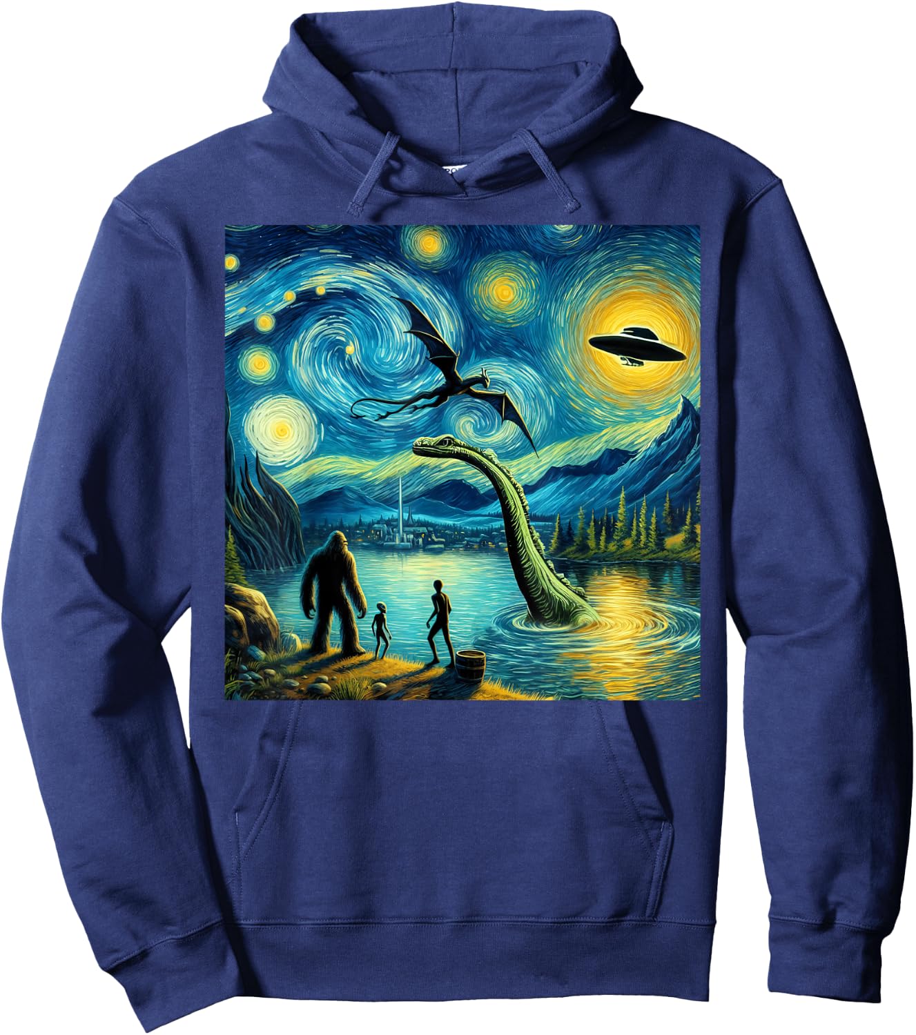 bigfoot starry night loch Ness alien UFO dragon cute lake Hoodie - Hoodie | Navy