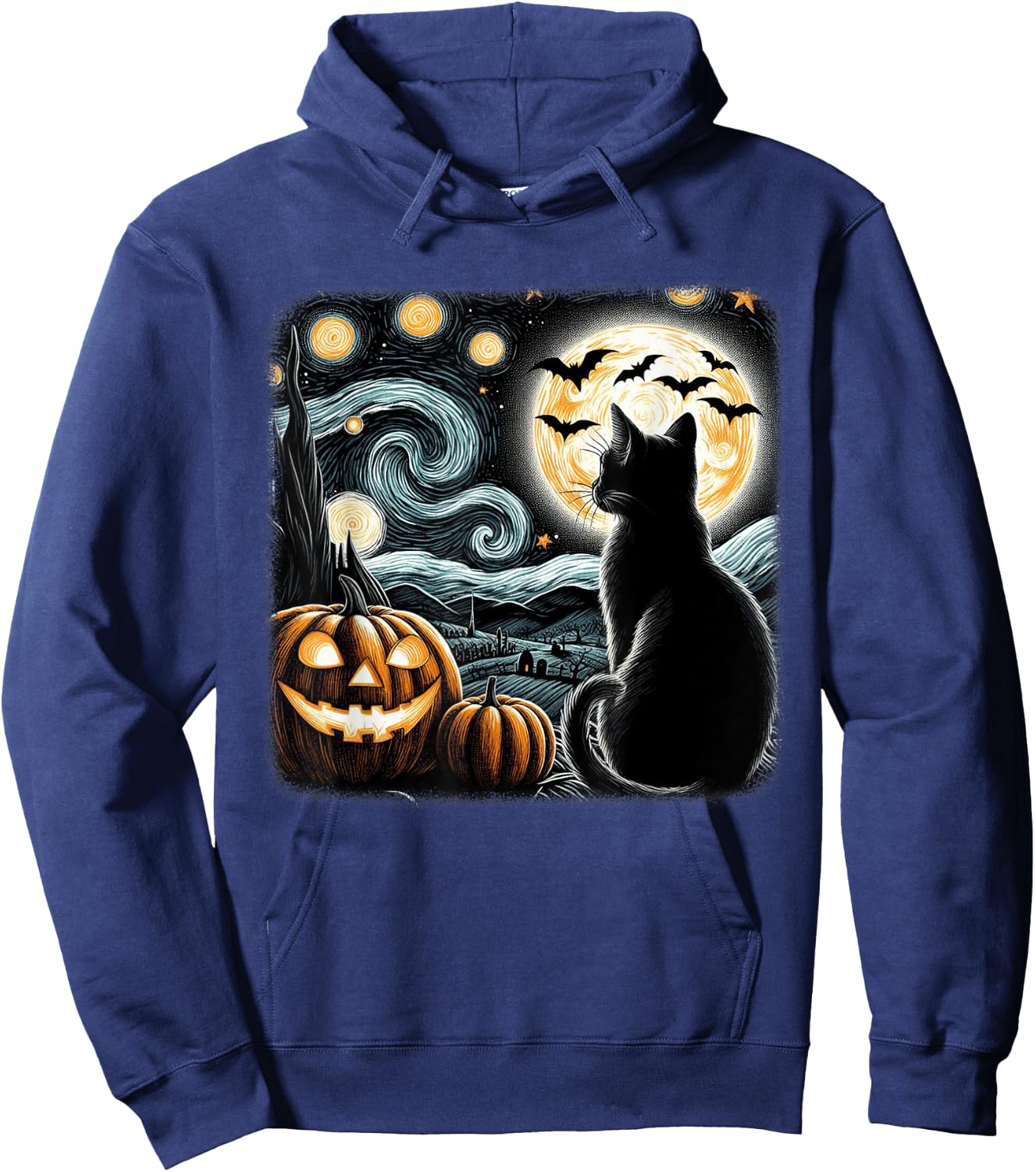 Black Cat Halloween Cat Lover Starry Night Cat Van Gogh Cat Women Kids Hoodie - Hoodie | Navy
