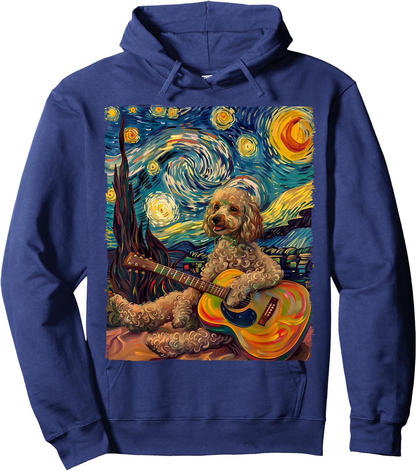 Starry Night POODLE Dog Playing The Guitar, Dog Painting Fun Hoodie - Hoodie | Navy
