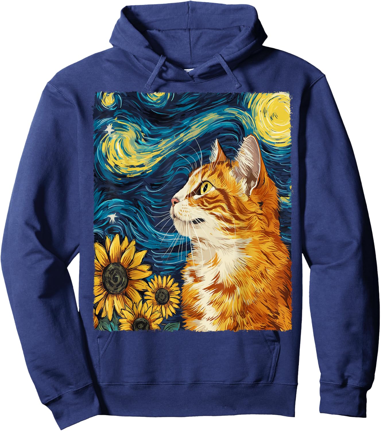 Cat Starry Night Apparel Gifts Graphic Cat Mom Cat Dad -Adults -Kids Black Small Round Collar Sunflower Graphic Modern Hoodie - Hoodie | Navy
