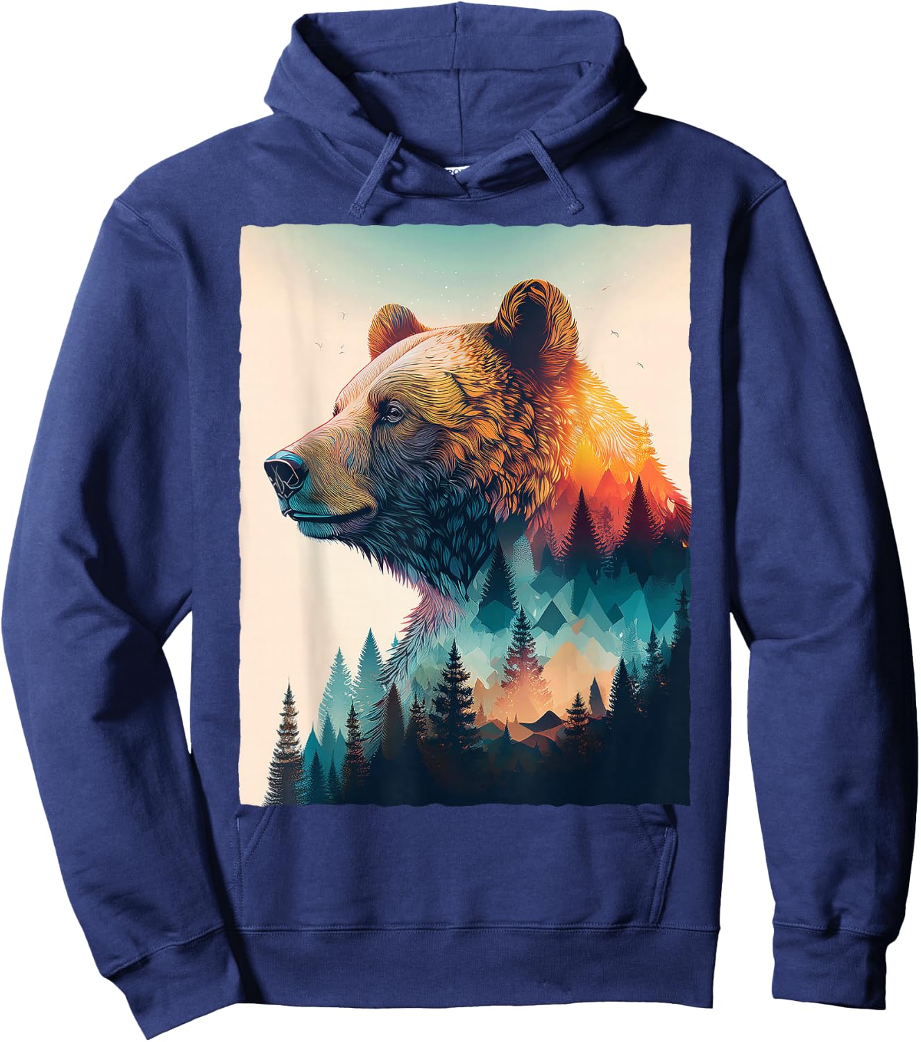 Grizzly Bear Forest Mountain Sunset Double Exposure Art Hoodie - Hoodie | Navy