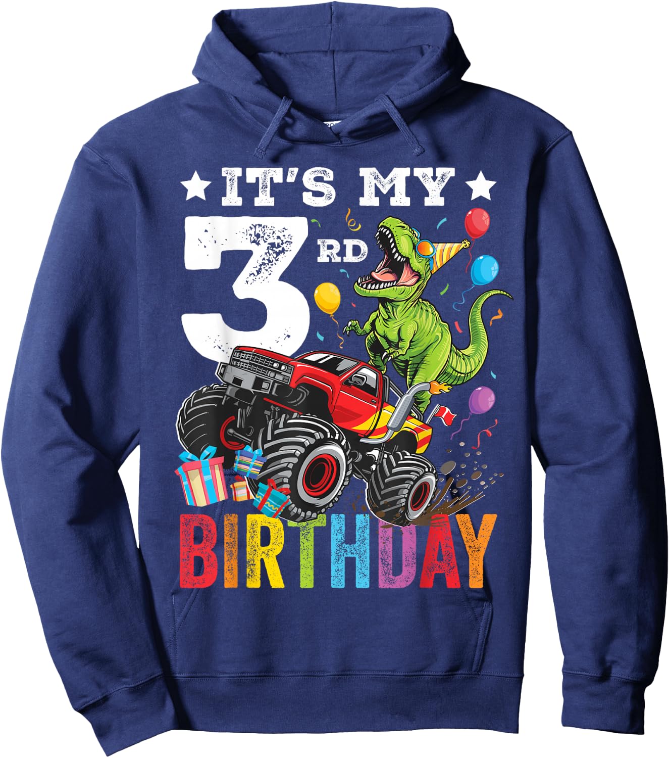 Three 3rd Birthday Dinosaur Monster Truck Hoodie - Hoodie | Navy