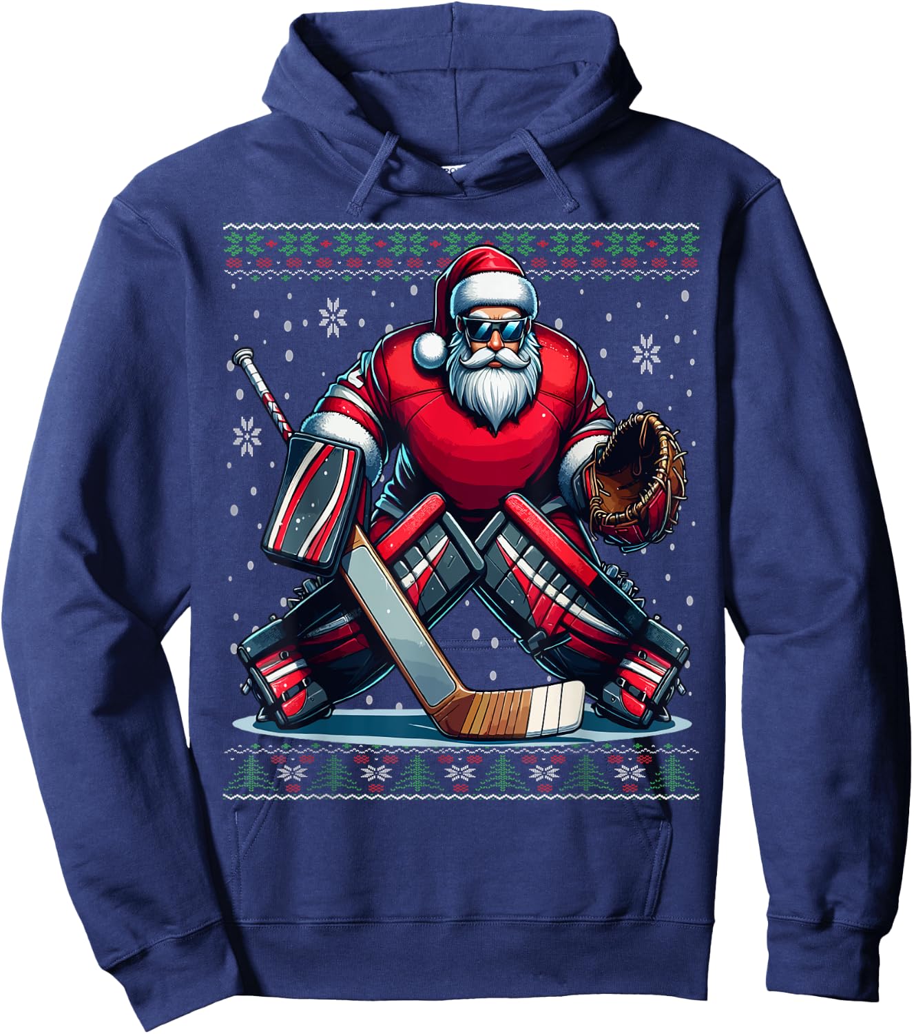 Christmas Santa Hockey Goalie Ugly Christmas Sweater Hoodie - Hoodie | Navy