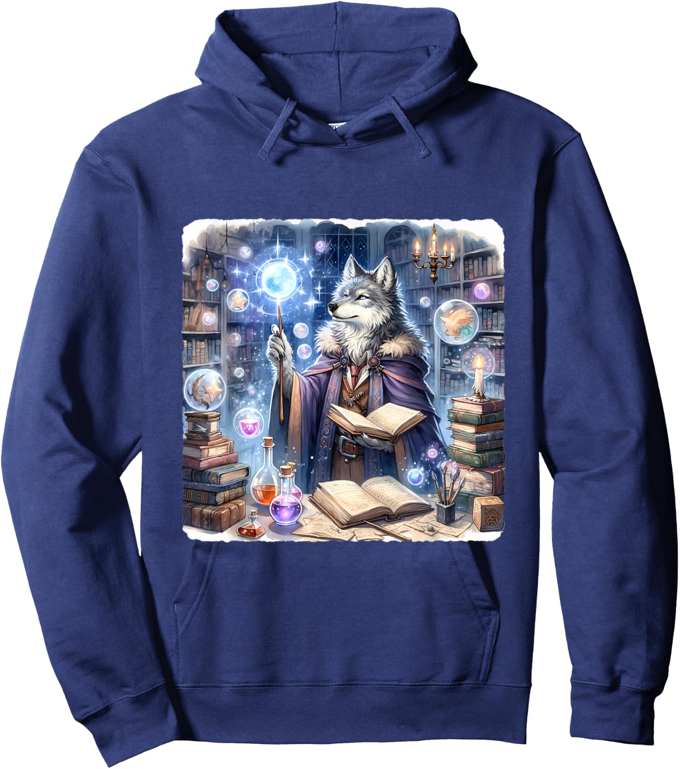 Wolf Wizard Casting Spells With Luminous Wand. Books Potions Hoodie - Hoodie | Navy