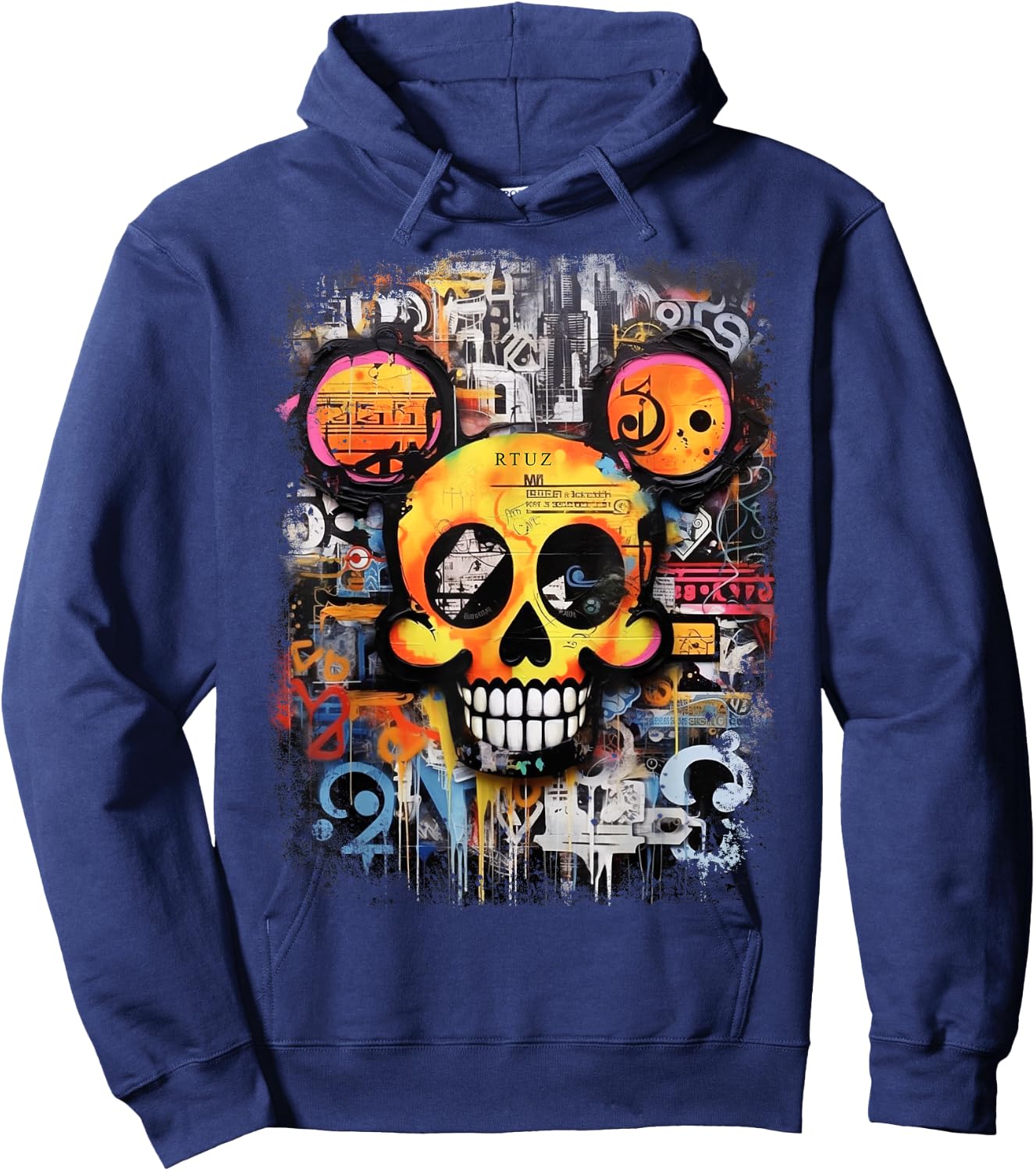 Mouse Skull Vintage Graffiti Biker Rocker Horror Skull Hoodie - Hoodie | Navy