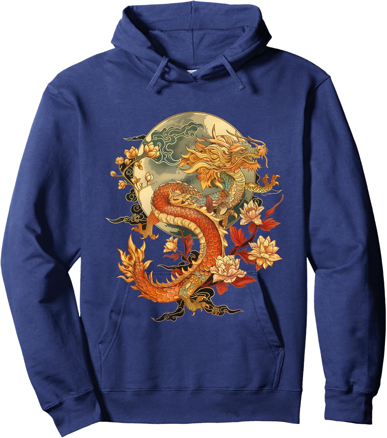 Crimson Lunar Floral Dragon Art Noveau Hoodie - Hoodie | Navy