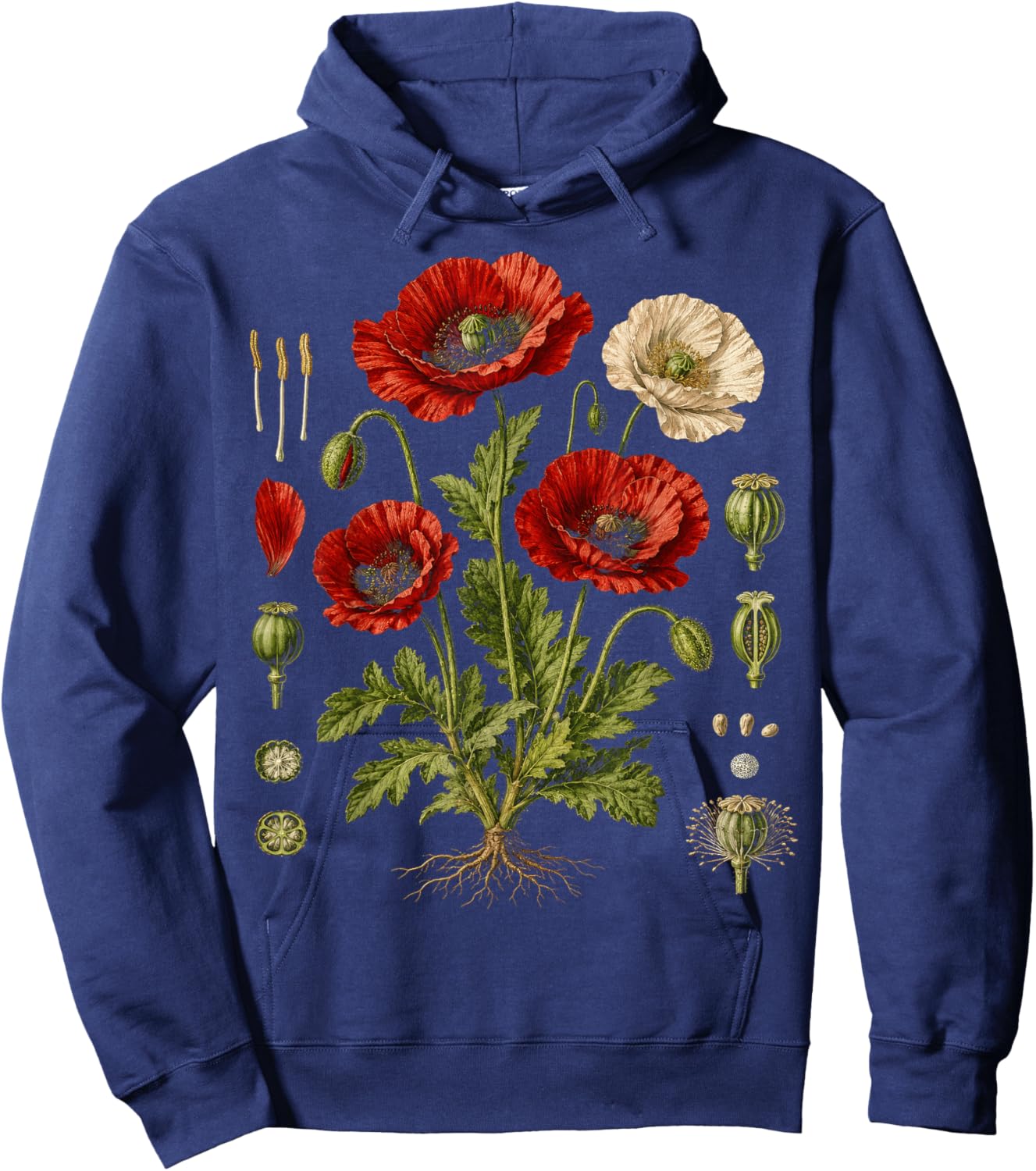 Vintage Red Poppy Botanical Chart Hoodie - Hoodie | Navy
