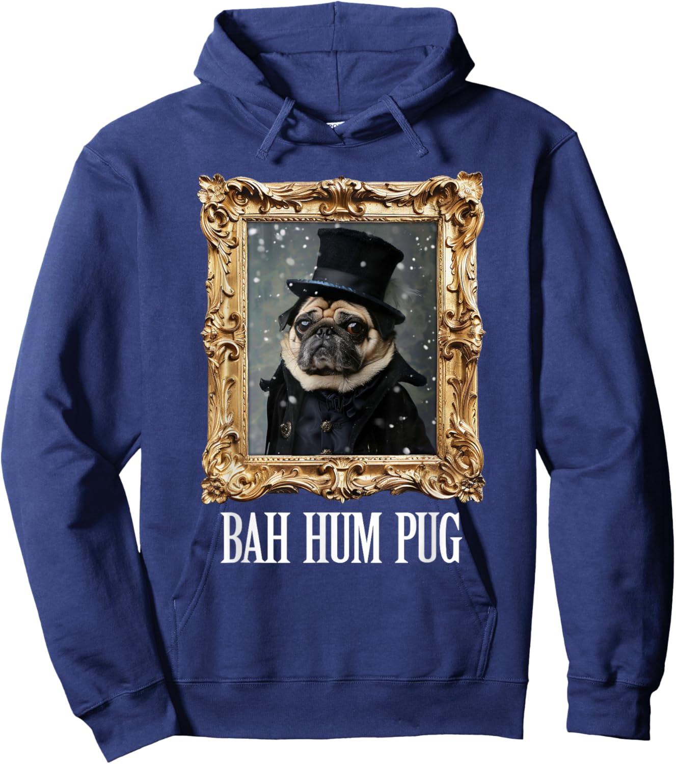 Funny Dog Bah Hum Pug Christmas Pet Holiday Photo Old Frame Men Women Kids Hoodie - Hoodie | Navy