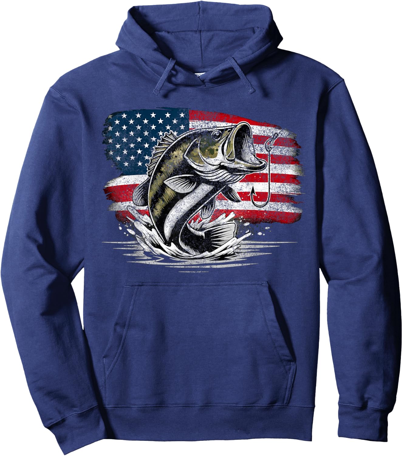 Fishing Retro US American Flag Bass Fish Fisherman Camo Hoodie - Hoodie | Navy