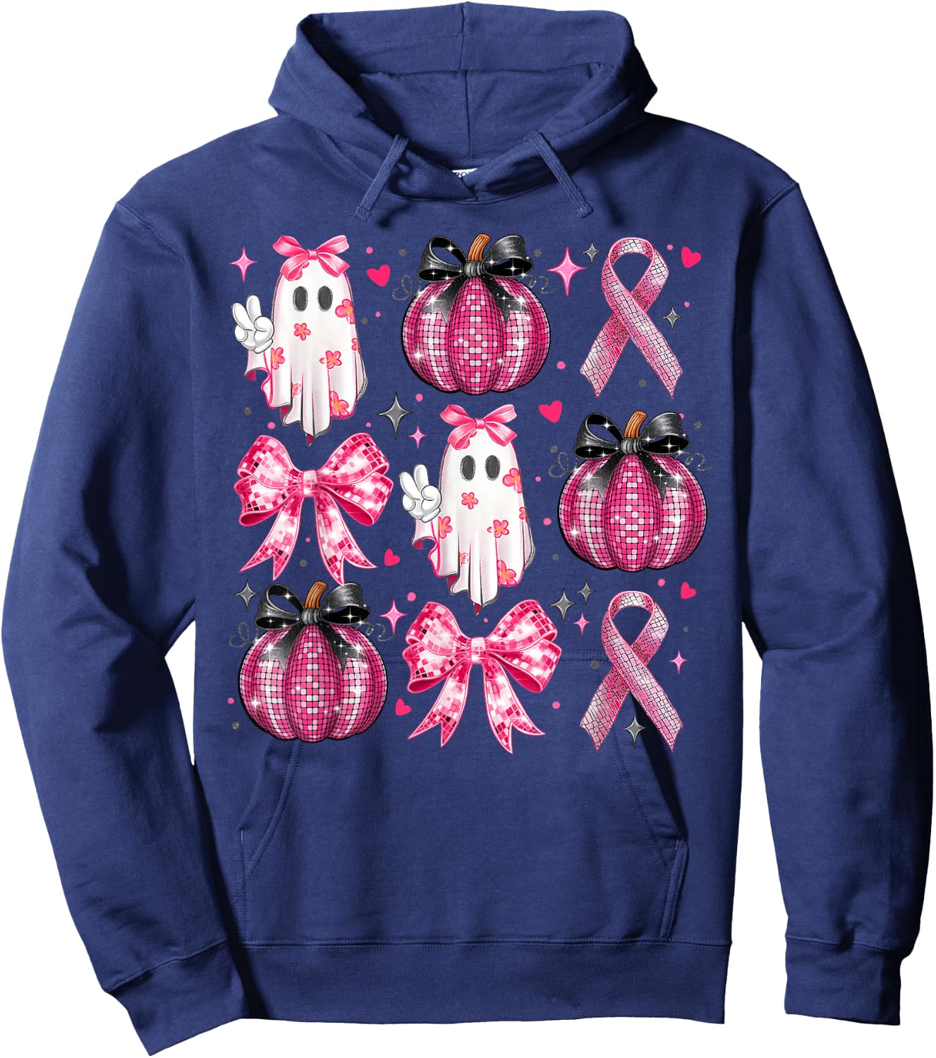 Halloween Pumpkin Pink Ribbon Disco Ghost Bow Breast Cancer Hoodie - Hoodie | Navy