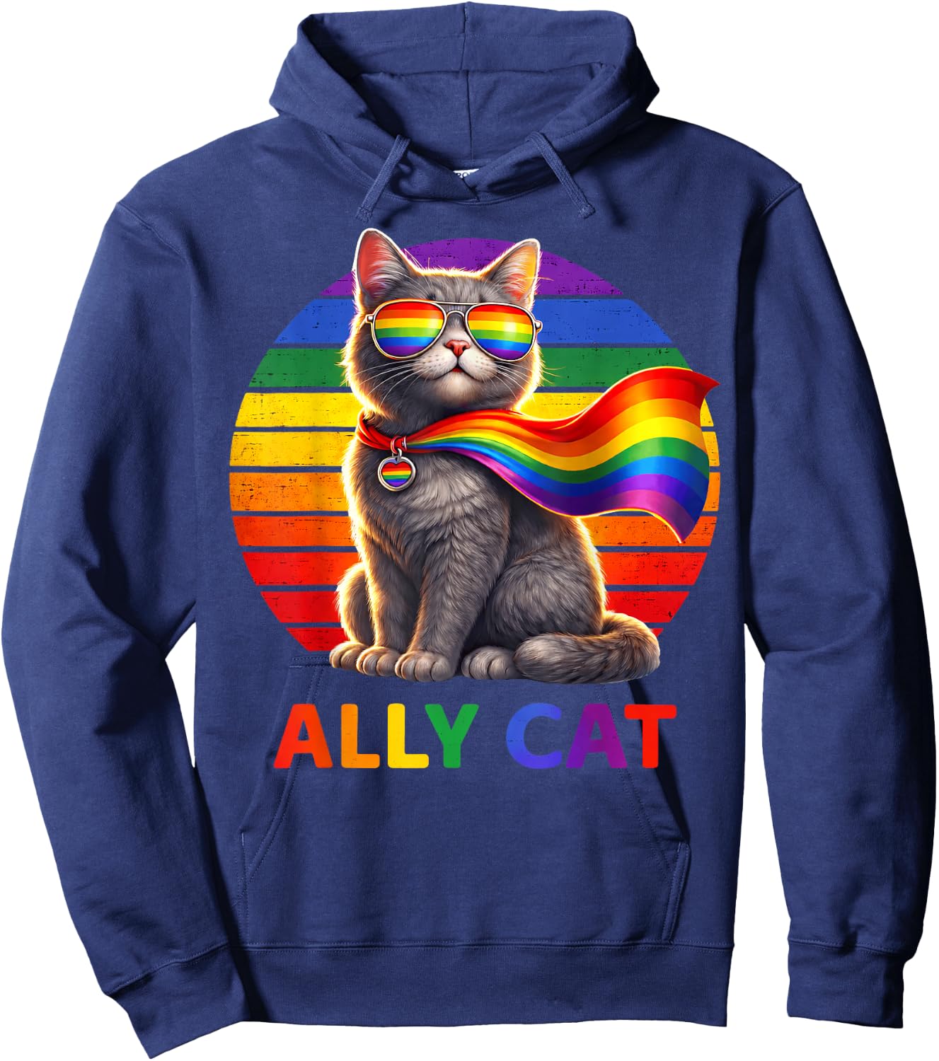 Pride LGBT Ally Cat Fun Rainbow Colorful Men Women Kid Hoodie - Hoodie | Navy