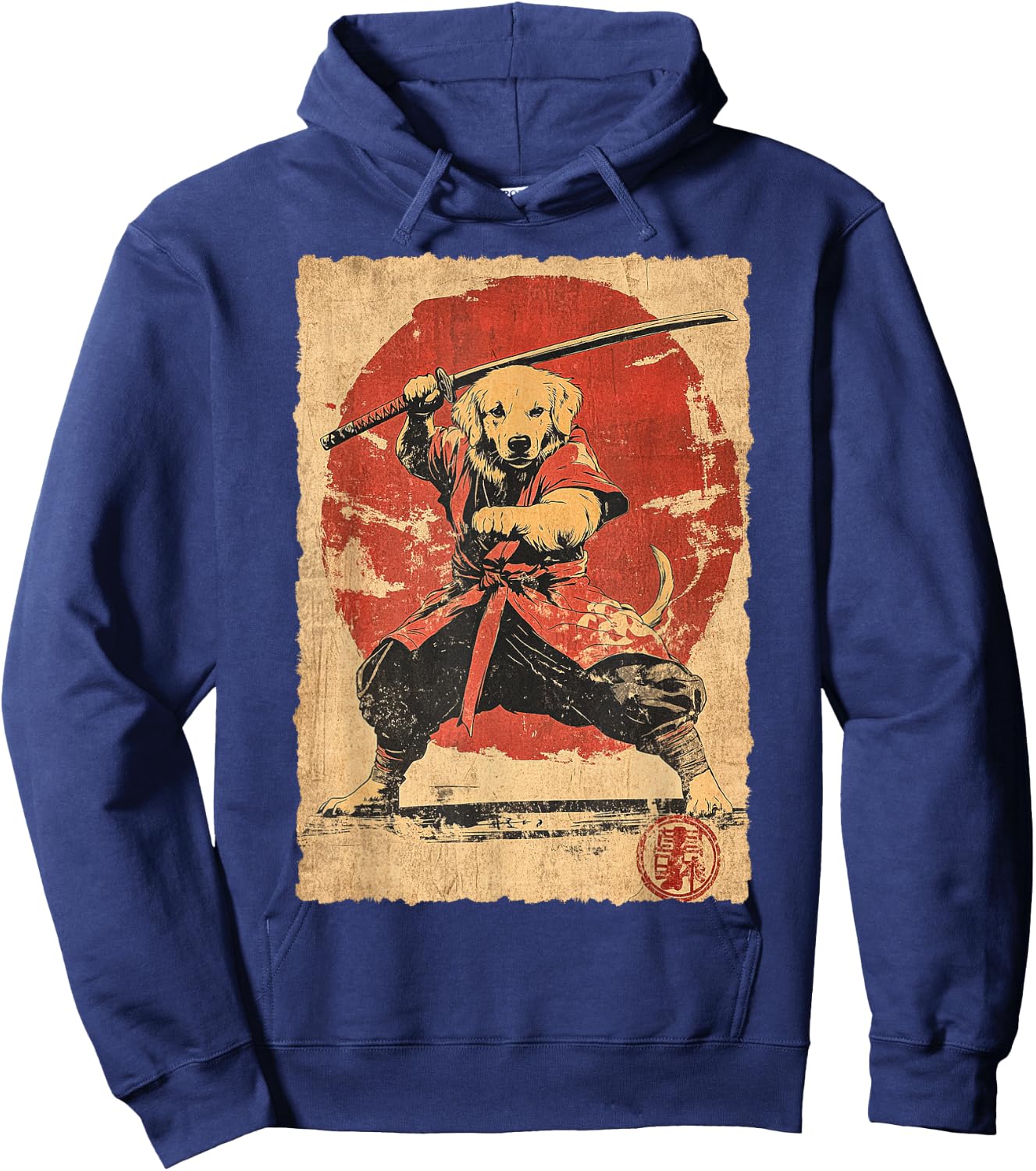 Vintage Japanese Art Golden Retriever Ninja Samurai Warrior Hoodie - Hoodie | Navy
