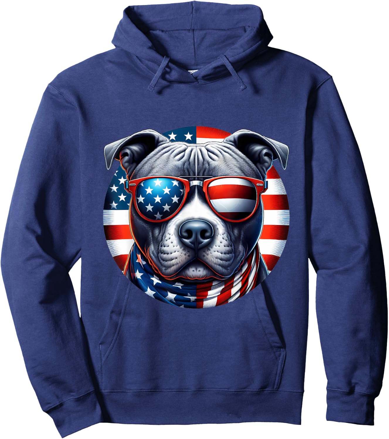 4th of July Pit Bull Wearing Sunglasses American Flag Bully Hoodie - Hoodie | Navy