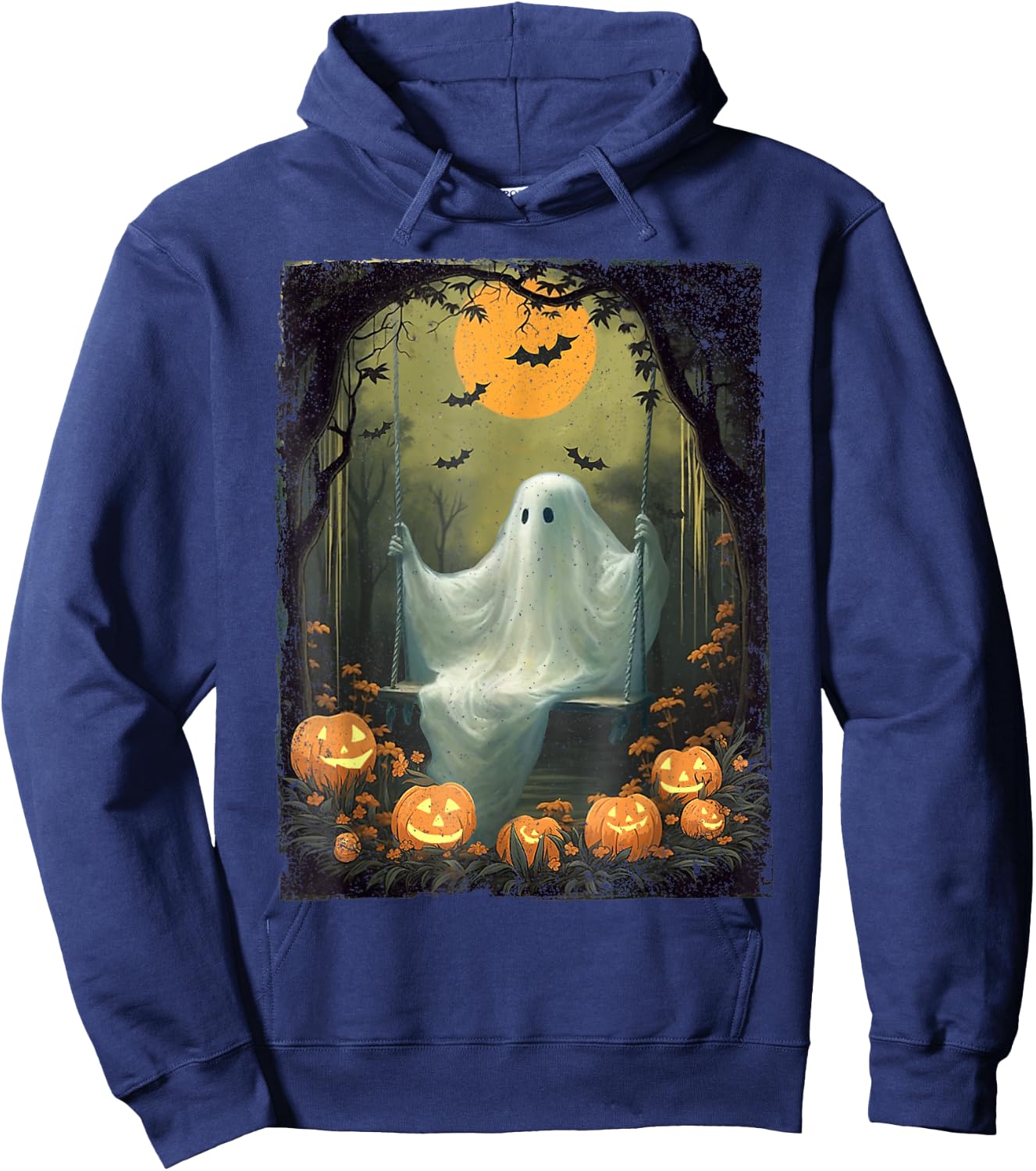 Vintage Floral Ghost On Swing In Forest Halloween Pumpkin Hoodie - Hoodie | Navy