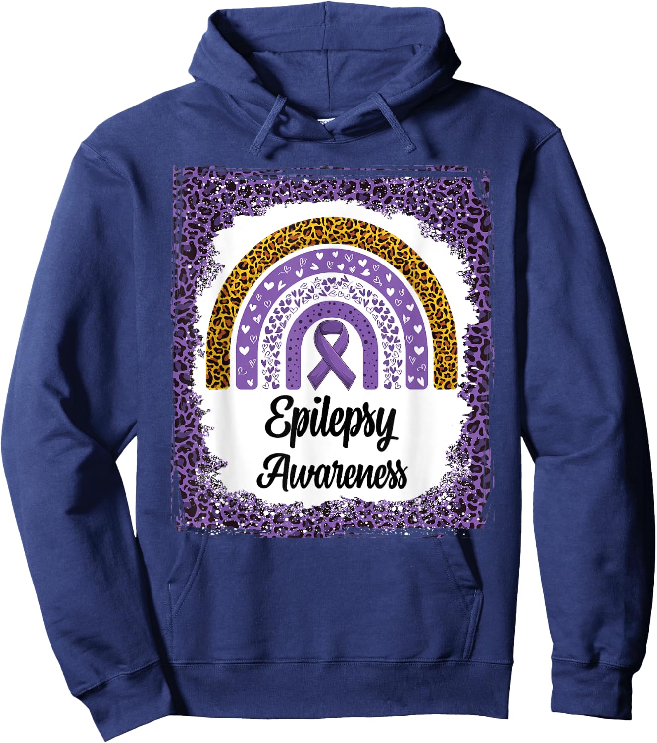 Epilepsy Awareness Bleached Rainbow leopard Purple Ribbon Hoodie - Hoodie | Navy